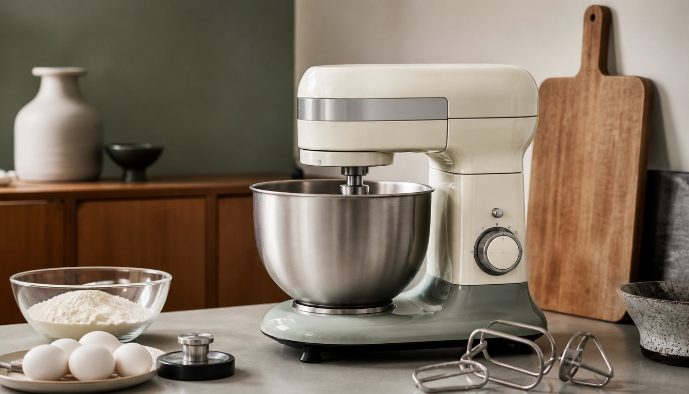 Philips Gourmet kitchen appliance from the 1960s in cream white with chrome details on a wooden worktop, side view