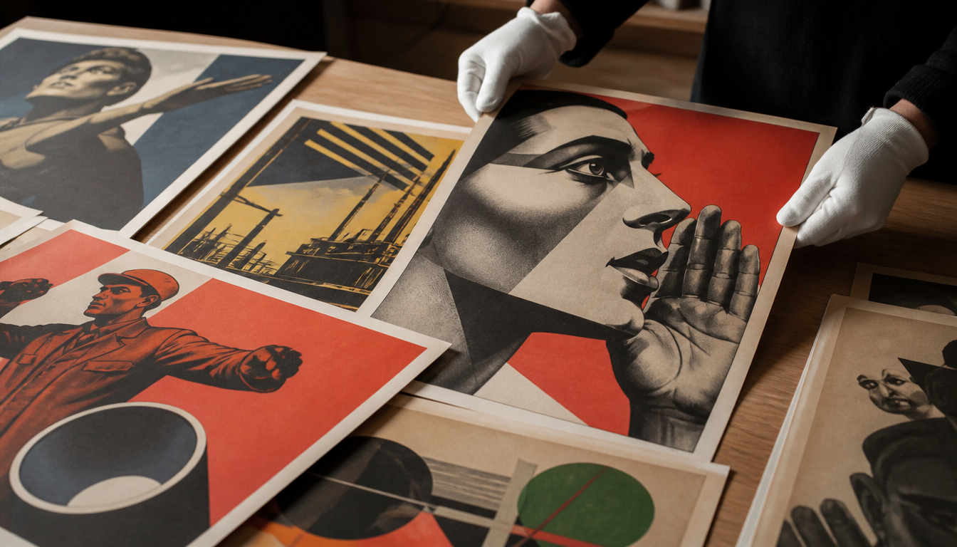Vintage-Plakate der Weimarer Republik mit geometrischen Formen, Frakturschrift und politischen Motiven aus den Jahren 1918 bis 1933 auf einer Backsteinwand