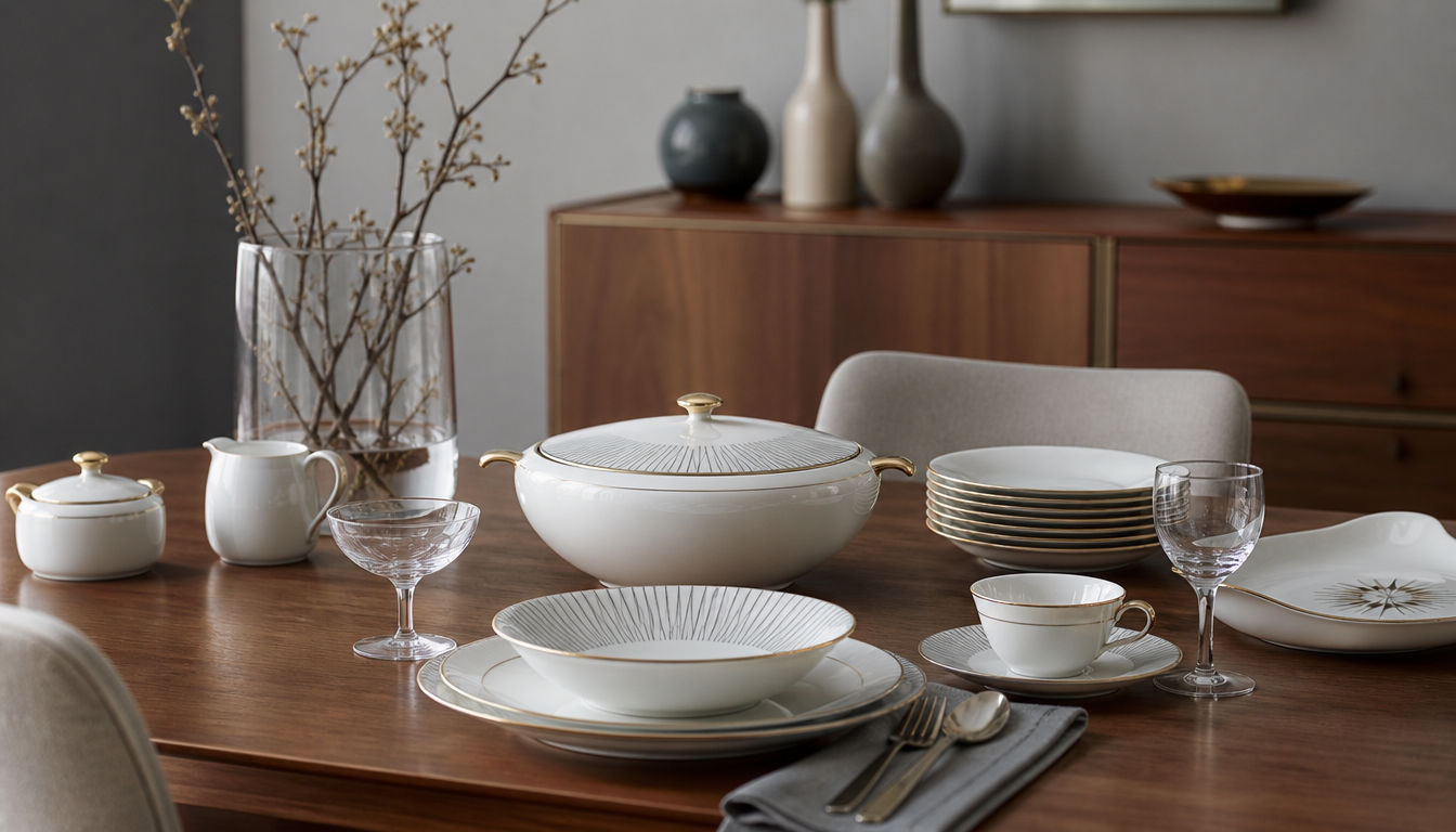 White Rosenthal porcelain dinnerware from the 1950s with clean, curved forms on a set wooden table, flanked by silver cutlery and a glass vase with tulips