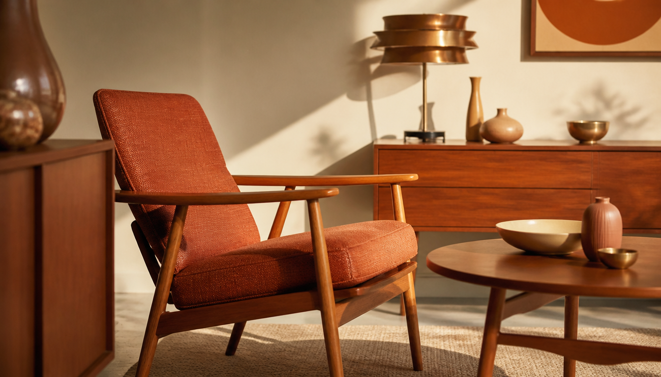 Danish teak sideboard from the early 1960s against a red-gold painted wall, flanked by a floor lamp with an ochre-colored shade and ceramic decorative objects in terracotta