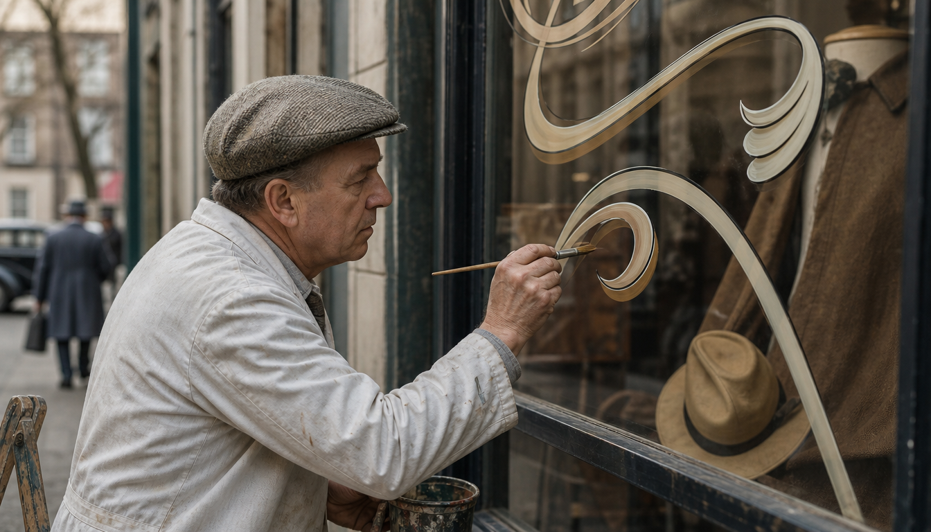 Sign painter lettering a shop window with a brush and black paint in flowing serif script, 1950s, city street in the background