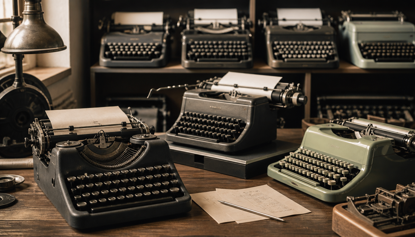 Close-up of an antique mechanical typewriter with visible typebars and embossed letters on a sheet of yellowish paper, 1940s style
