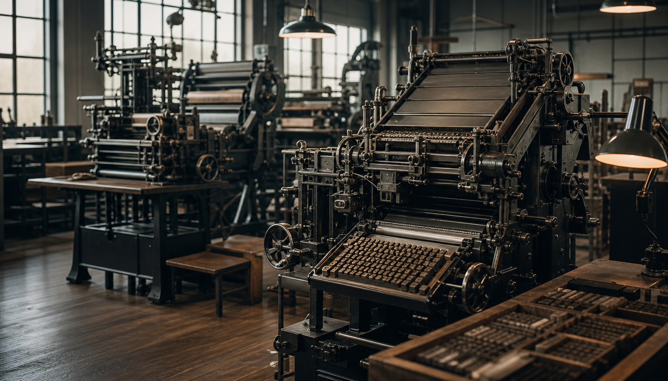 Historische Linotype-Setzmaschine aus den 1920er Jahren in einer Druckerei, umgeben von Bleilettern und Metallmagazinen