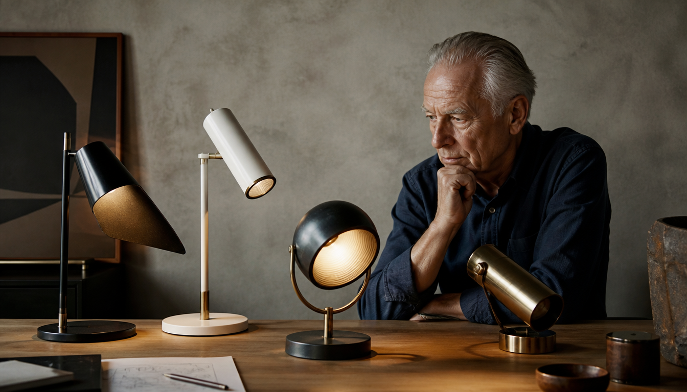 Vintage-Stehlampe aus gebürstetem Aluminium im skandinavischen Stil der 1960er Jahre, vor hellem Hintergrund mit minimalistischer Einrichtung
