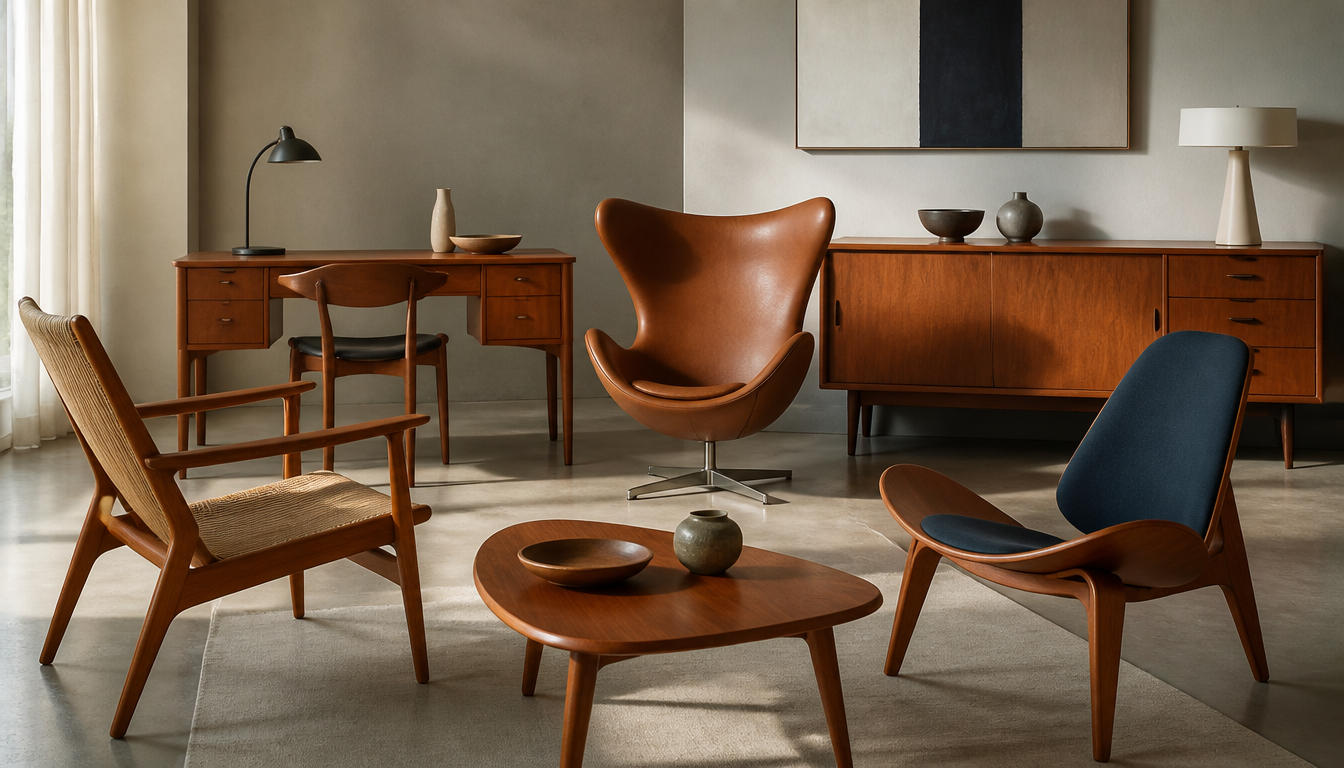 Dänischer Teakholz-Stuhl im Mid-Century-Stil vor hellem Hintergrund, umgeben von typischen Wohnaccessoires der 1950er bis 1970er Jahre