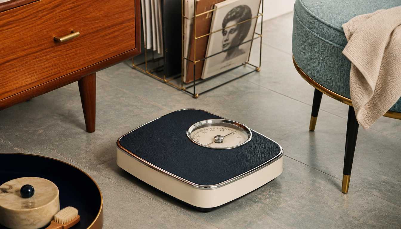 Vintage Soehnle bathroom scale from the 1960s with a round dial, cream-coloured housing and mechanical scale markings on a light background