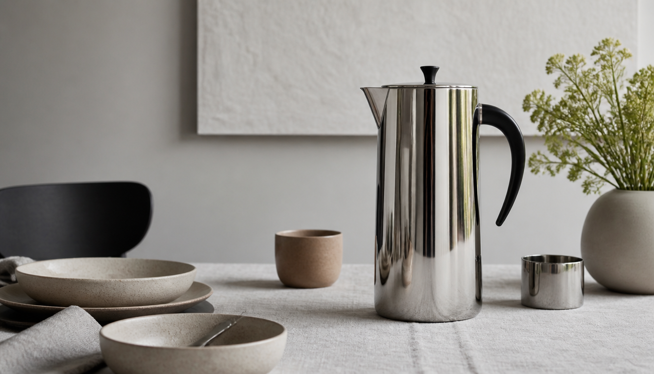 Stelton Edelstahlkanne von Arne Jacobsen auf einem gedeckten Holztisch, matt glänzende Oberfläche, minimalistisches skandinavisches Tafeldesign, neutraler Hintergrund