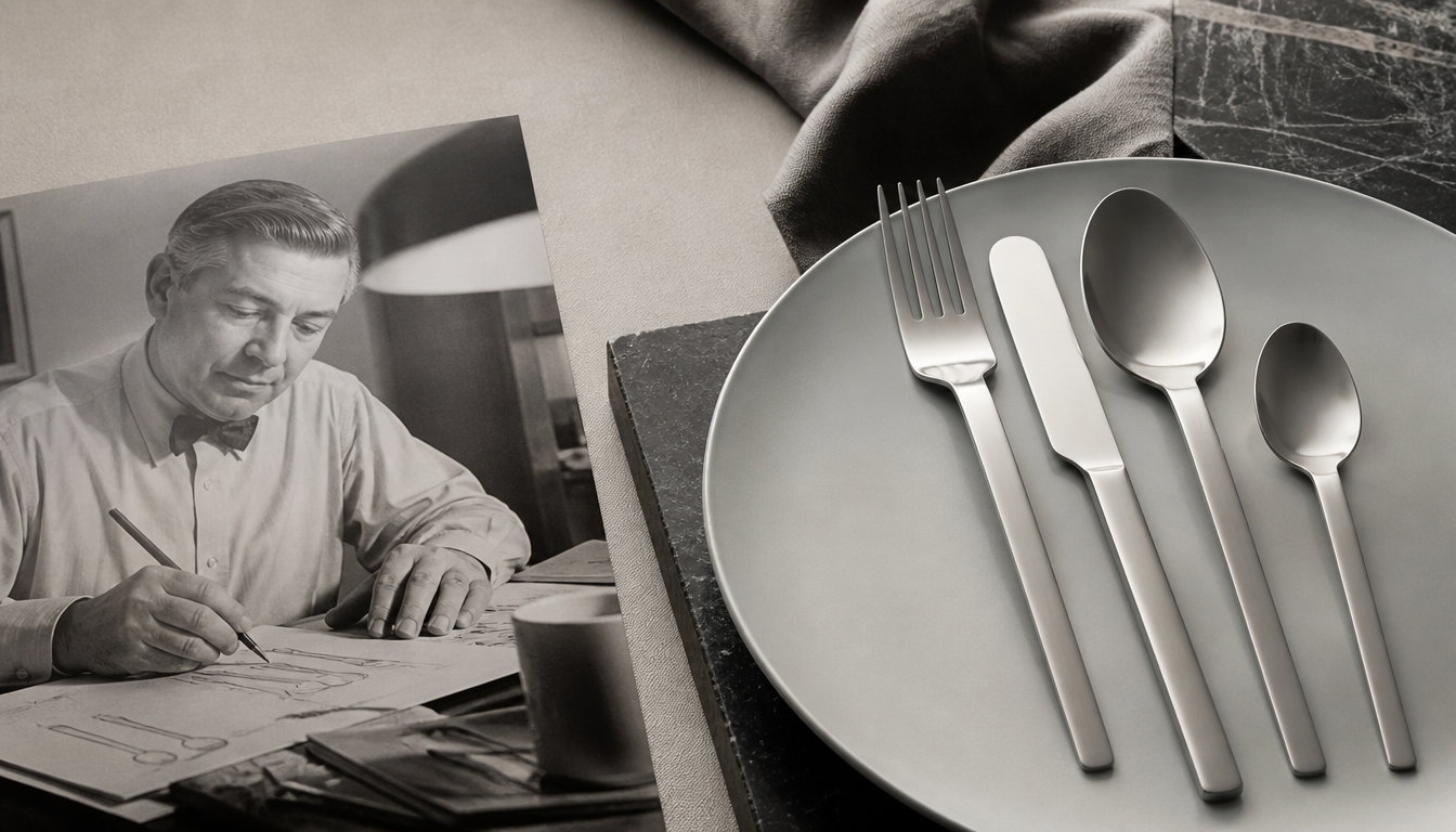 Stelton stainless steel cutlery in the style of Arne Jacobsen, arranged on light linen fabric, flat lay, Scandinavian table setting of the 1960s