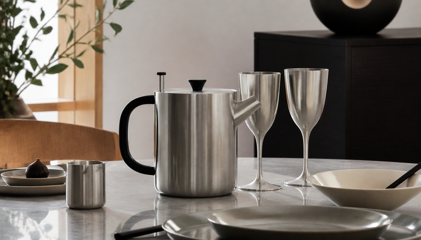 Stelton cylinder teapot in polished stainless steel beside Arne Jacobsen stainless steel chalices on a light wooden table, arranged in the style of the 1960s