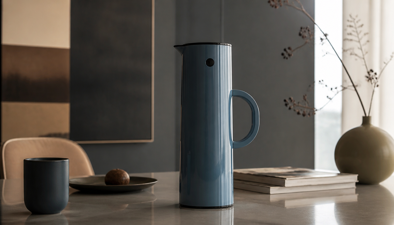 Stelton Isolierkaraffe aus mattiertem Edelstahl mit charakteristischem Druckknopfdeckel auf einem Holztisch, umgeben von passenden Bechern im dänischen Modernismus-Stil der 1970er Jahre