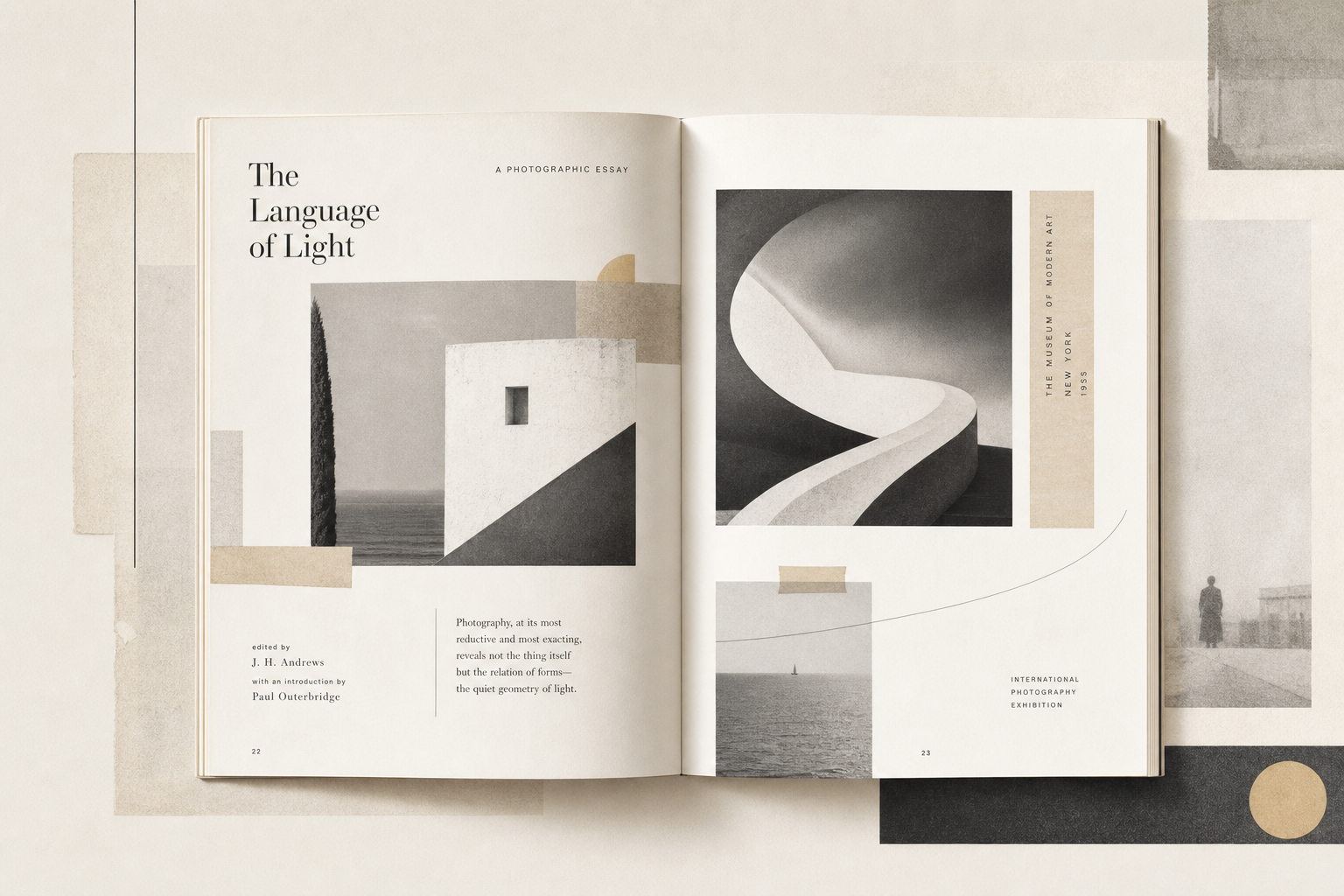 Leichte redaktionelle Illustration mit einem geöffneten Mid-Century-Fotokatalog, modularen Schwarzweiß-Bildblöcken, feinen Papierkanten, viel Papierweiß und sanften Grau-Sepia-Akzenten im Geist eines Ausstellungskatalogs von 1955