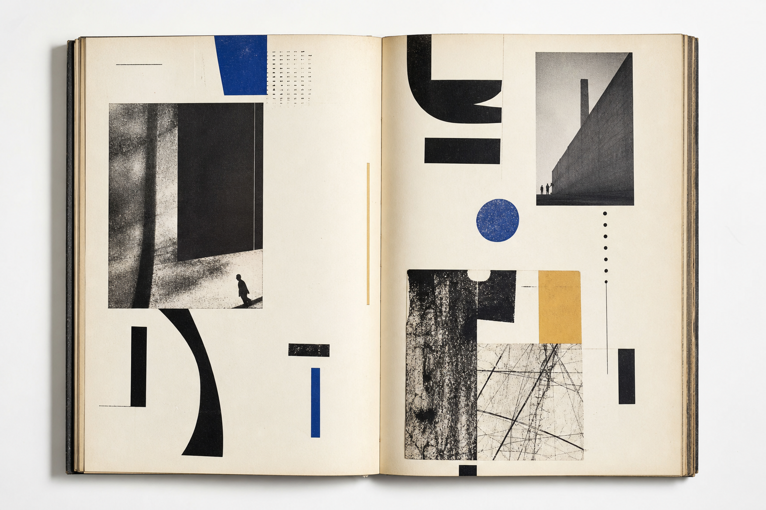 Leichte redaktionelle Illustration mit einem geöffneten Mid-Century-Paperback, feinen Typofragmenten, kleinen schwarzweißen Bildblöcken, viel Papierweiß und gedämpften Kobalt-Ocker-Akzenten im Geist von The Medium Is the Massage