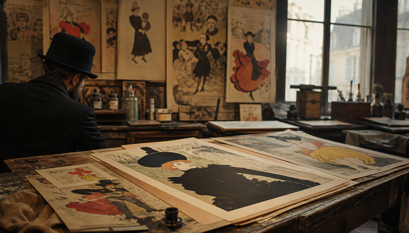 Colour lithographic Moulin Rouge poster by Henri de Toulouse-Lautrec from 1891 featuring dancing figures in black, yellow and red against a shadowy crowd