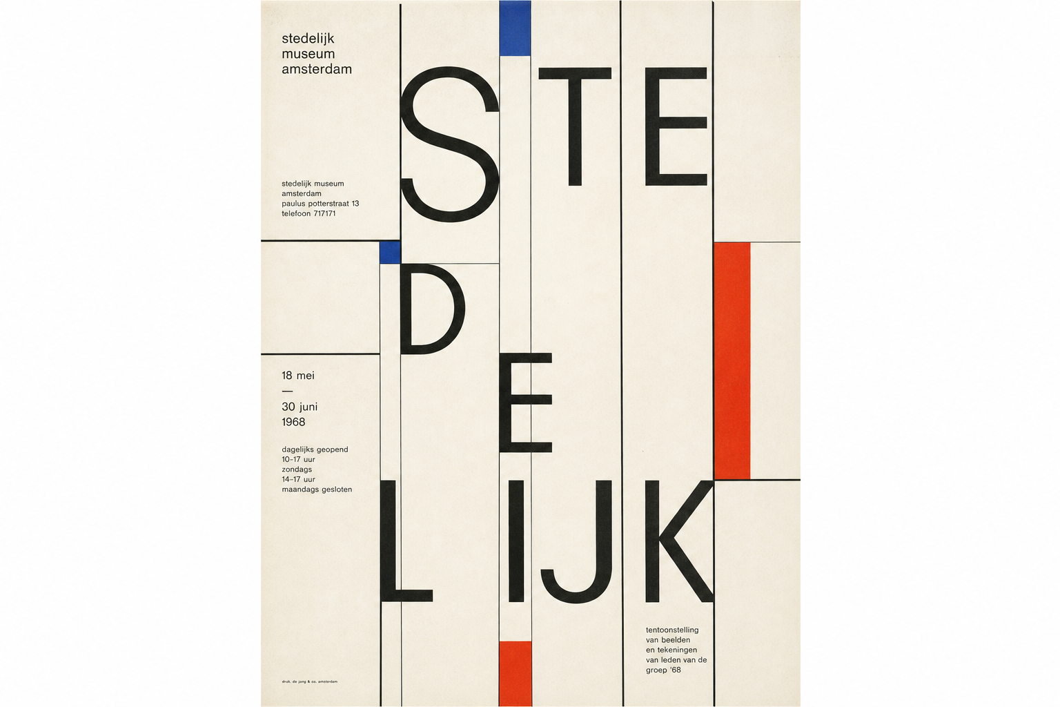 Light editorial illustration with an abstract Dutch museum poster, fine black grid lines, split sans-serif letterforms, generous paper-white space, and small cobalt-blue and vermilion accents in the spirit of Wim Crouwel