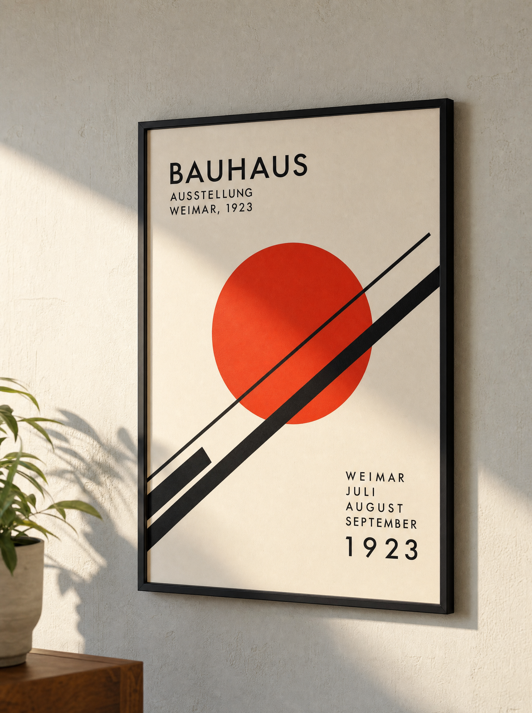 Framed Bauhaus poster with red circle and black diagonal lines on a white plaster wall