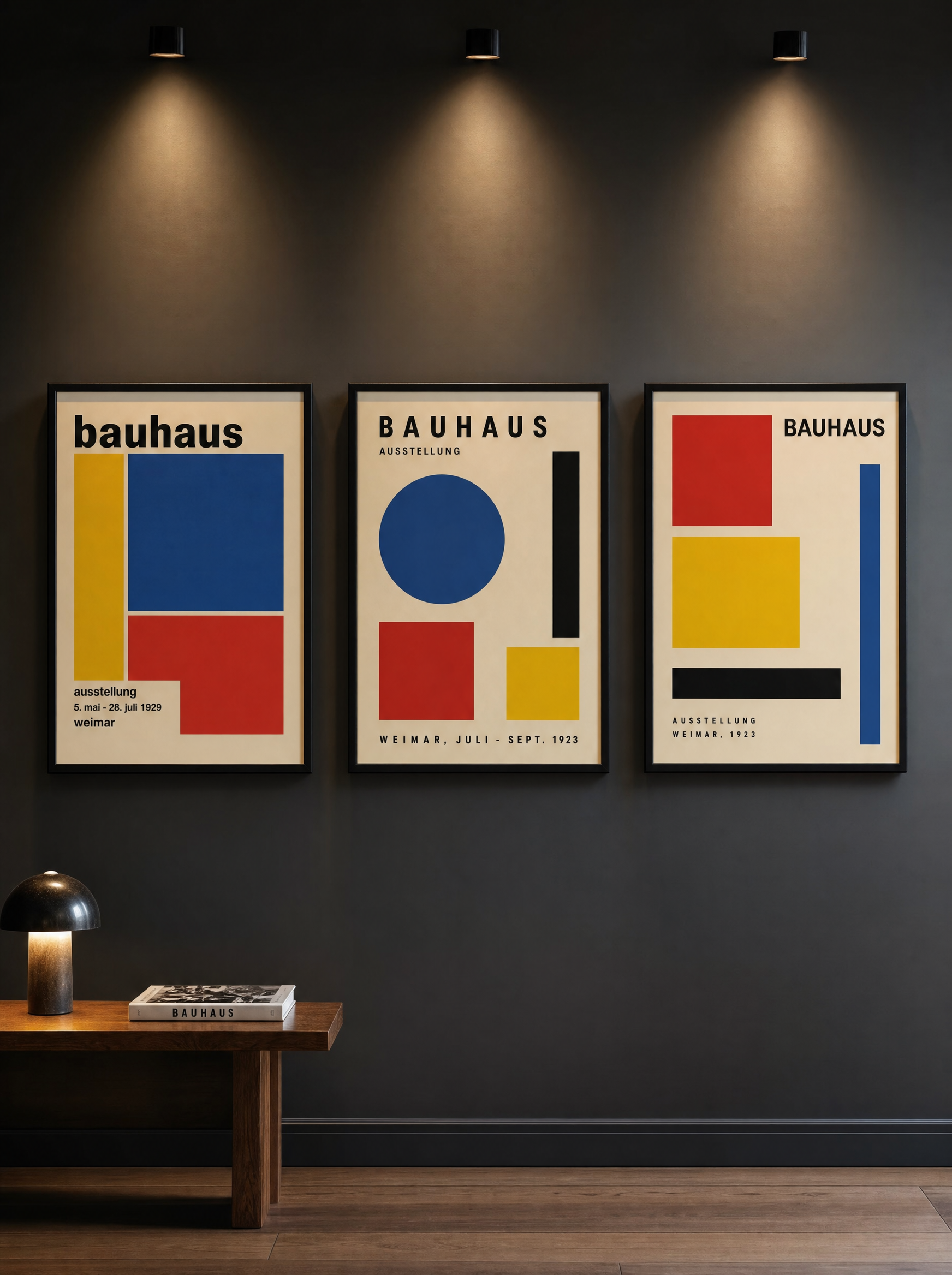 Three Bauhaus prints in black frames arranged on a charcoal grey wall with warm spotlight lighting