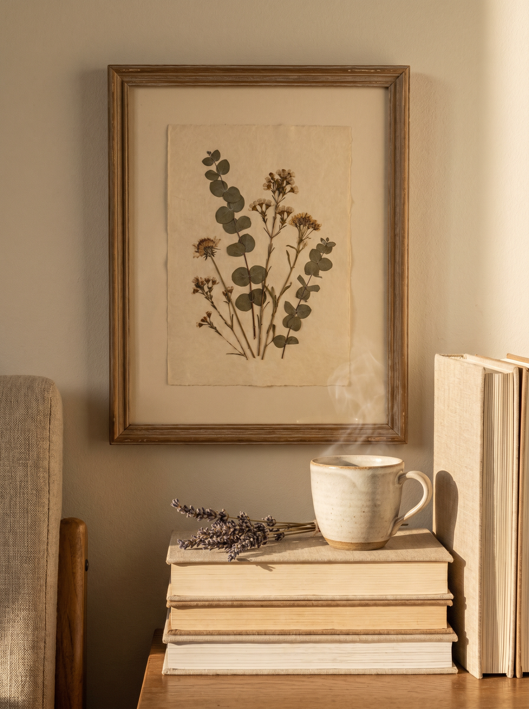 Vintage botanical poster of a eucalyptus study in a slim wooden frame above a reading nook with linen books and a ceramic cup.