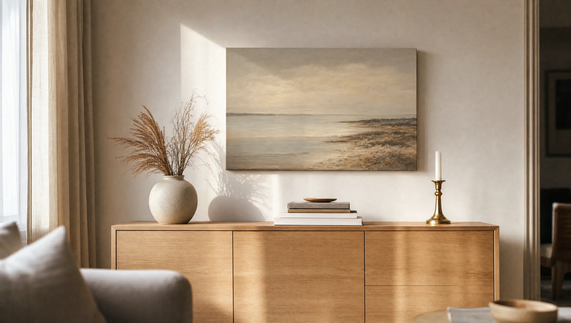 60x40 Leinwand mit ruhigem Landschaftsmotiv über einem hellen Holz-Sideboard