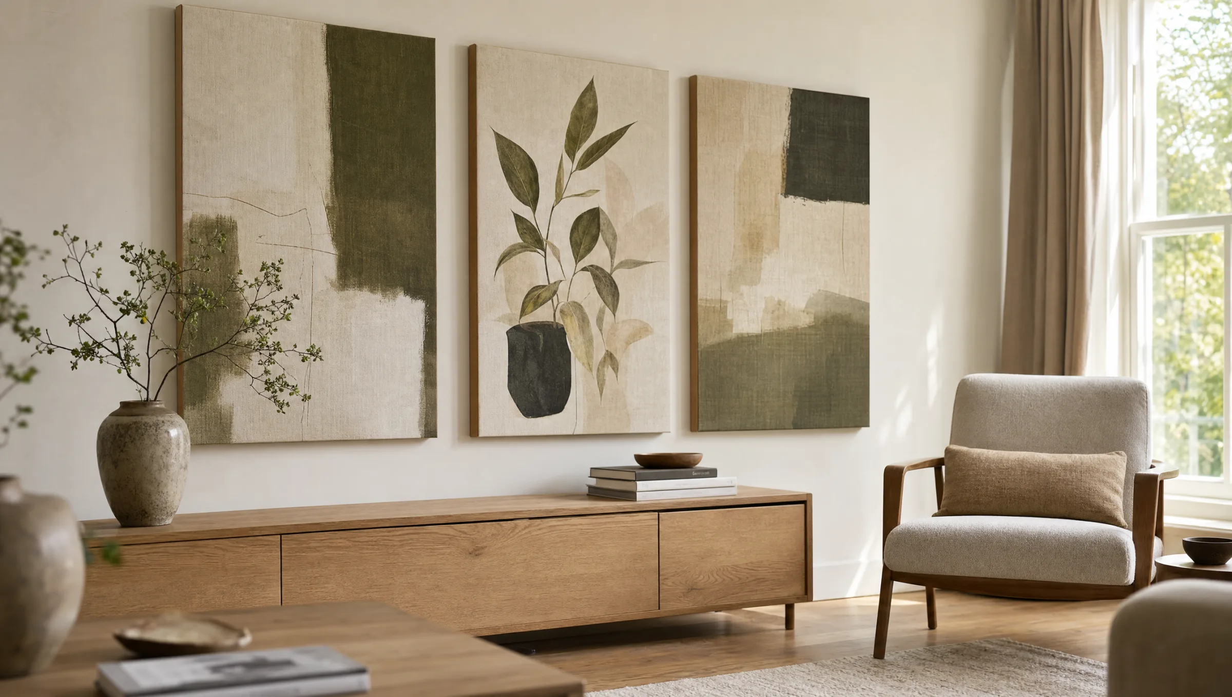 Acrylbilder auf Leinwand in einem hellen Wohnraum mit Holzboden und Leinensofa