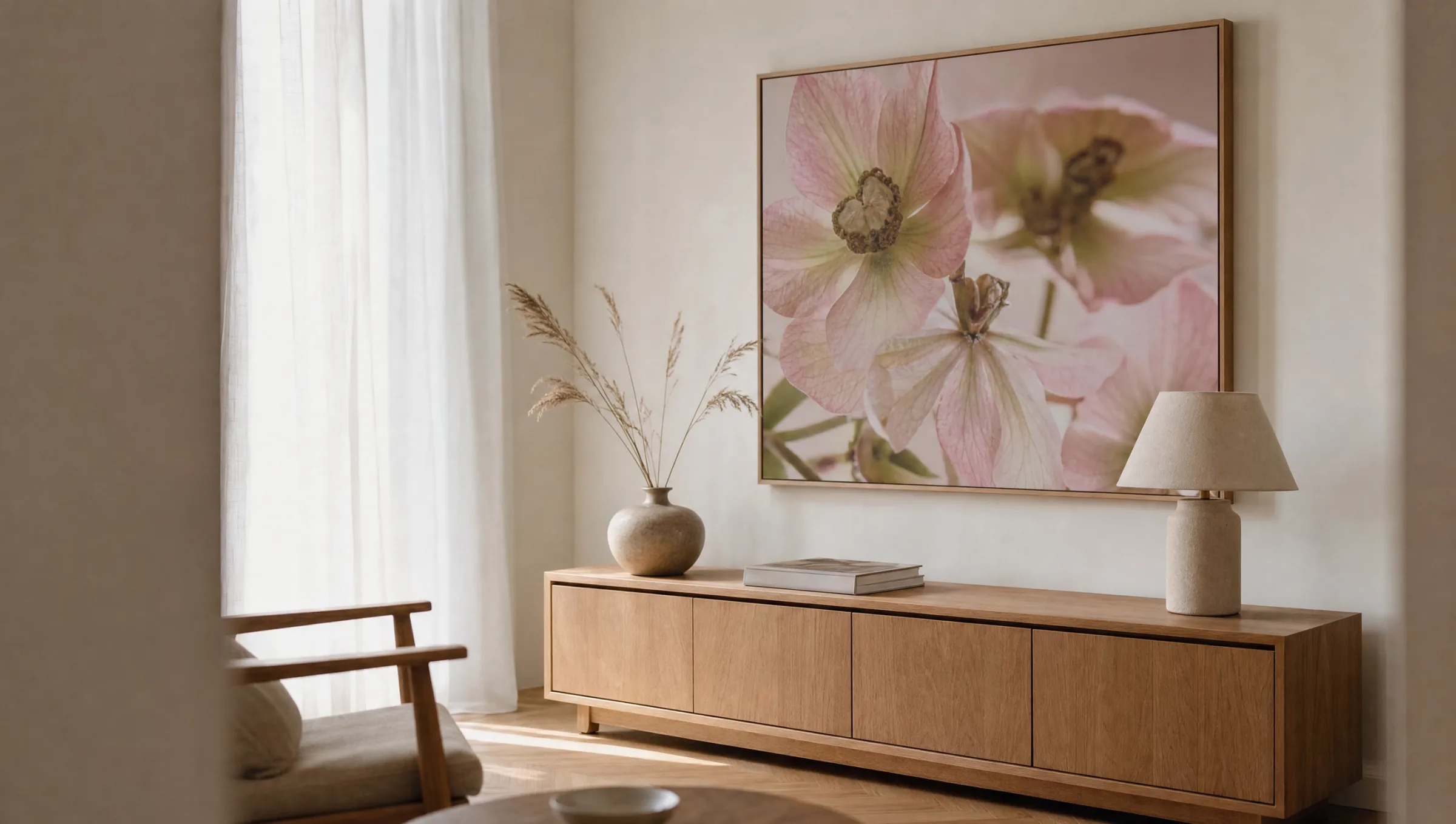 Helle Wohnwand mit gerahmtem floralem Wandbild über einem schlichten Holzsideboard