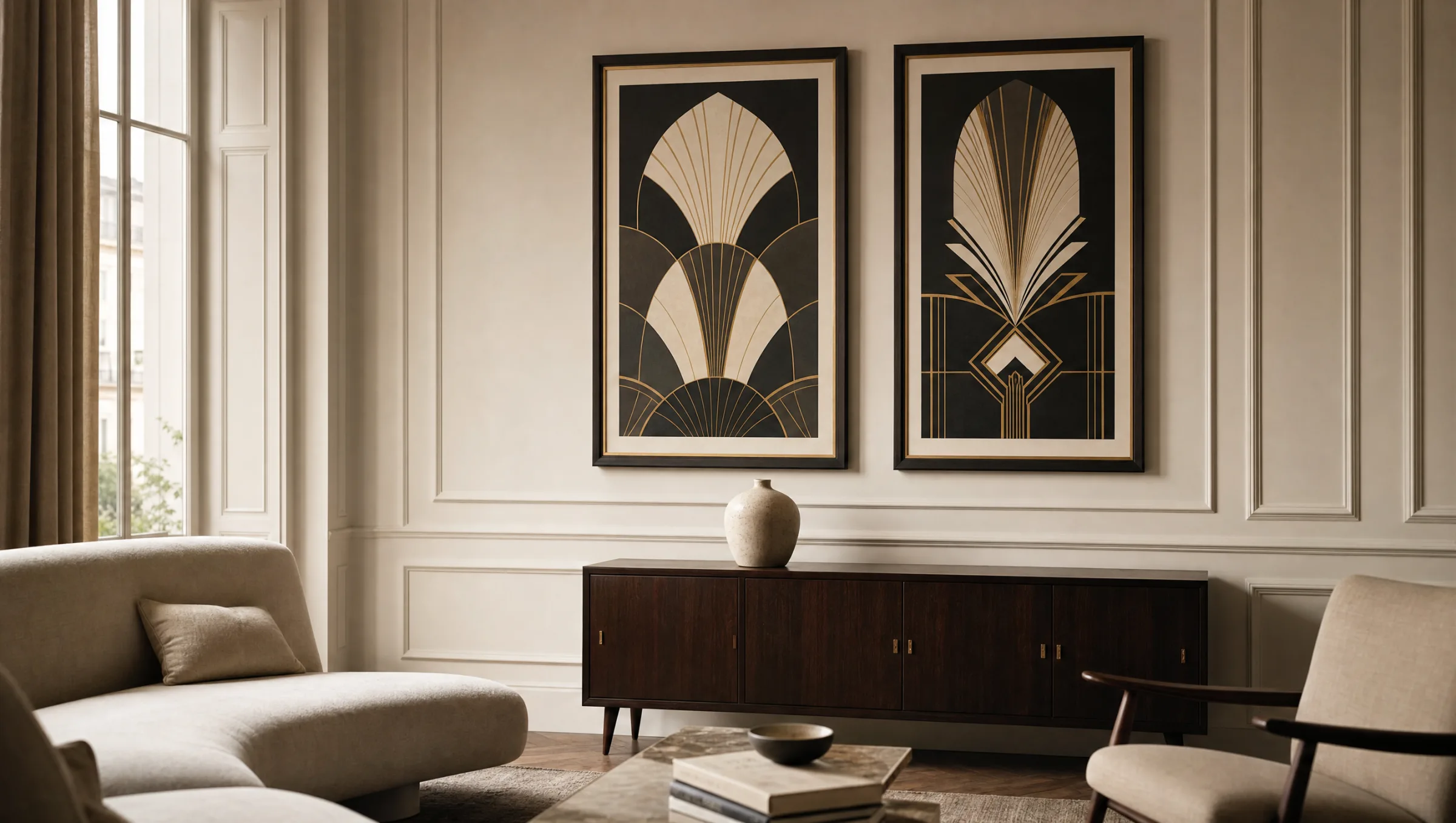 Art Deco Bilder als Poster und Leinwanddrucke in einem elegant eingerichteten Wohnzimmer