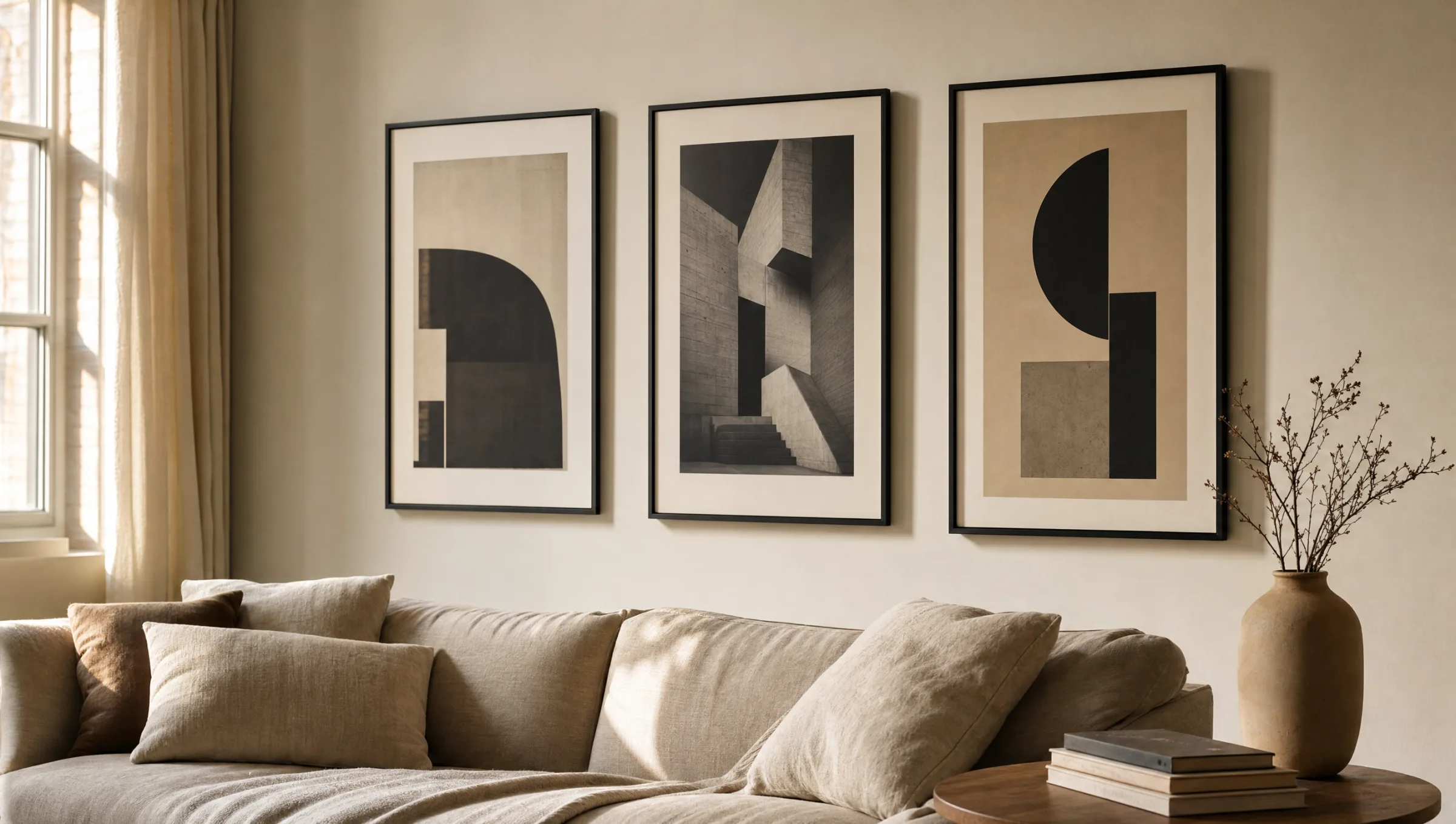 Kuratierte Galeriewand mit mehreren gerahmten Kunstpostern über einem Sofa in einem hellen Wohnzimmer