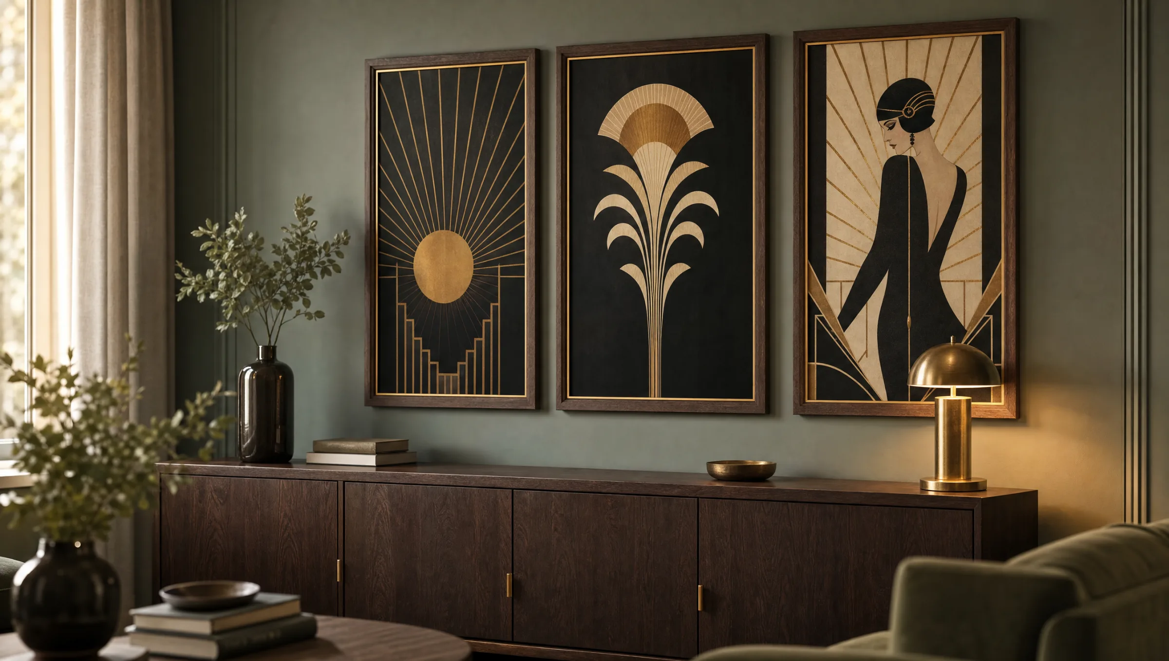 Wohnzimmerwand mit gerahmten Artdeco Bildern in Schwarz, Creme und Messing über einem Samtsofa