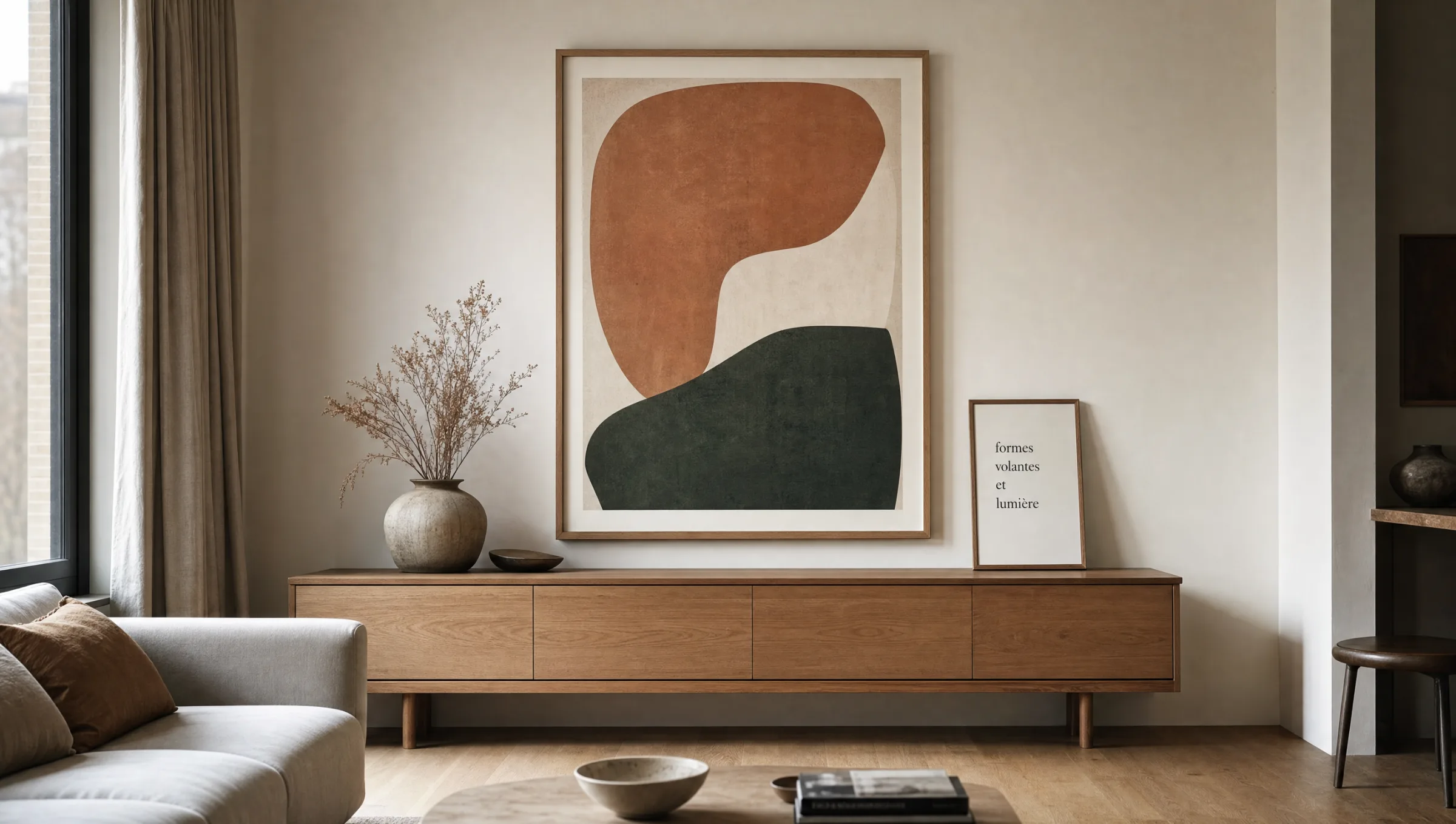 Wohnraum mit ausgefallenen Wandbildern in gedeckten Farbtönen über einem Sideboard