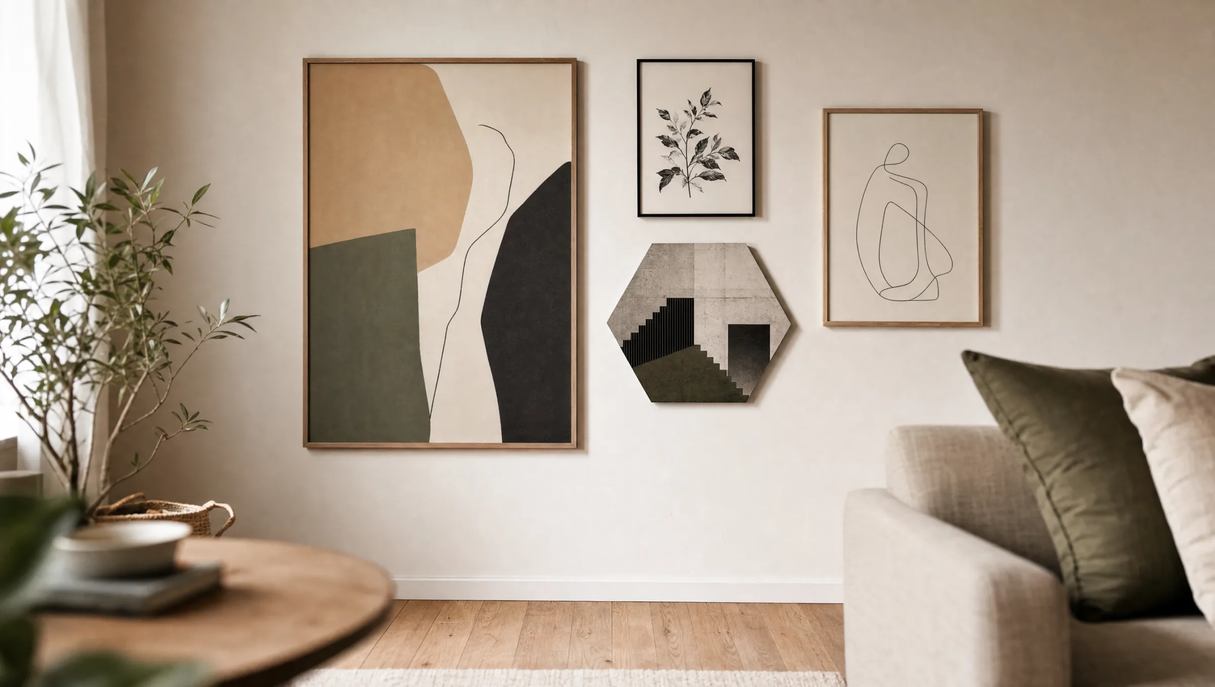 Helle Wohnzimmerwand mit mehreren außergewöhnlichen Kunstdrucken in verschiedenen Formaten, warmes Seitenlicht, Holzboden