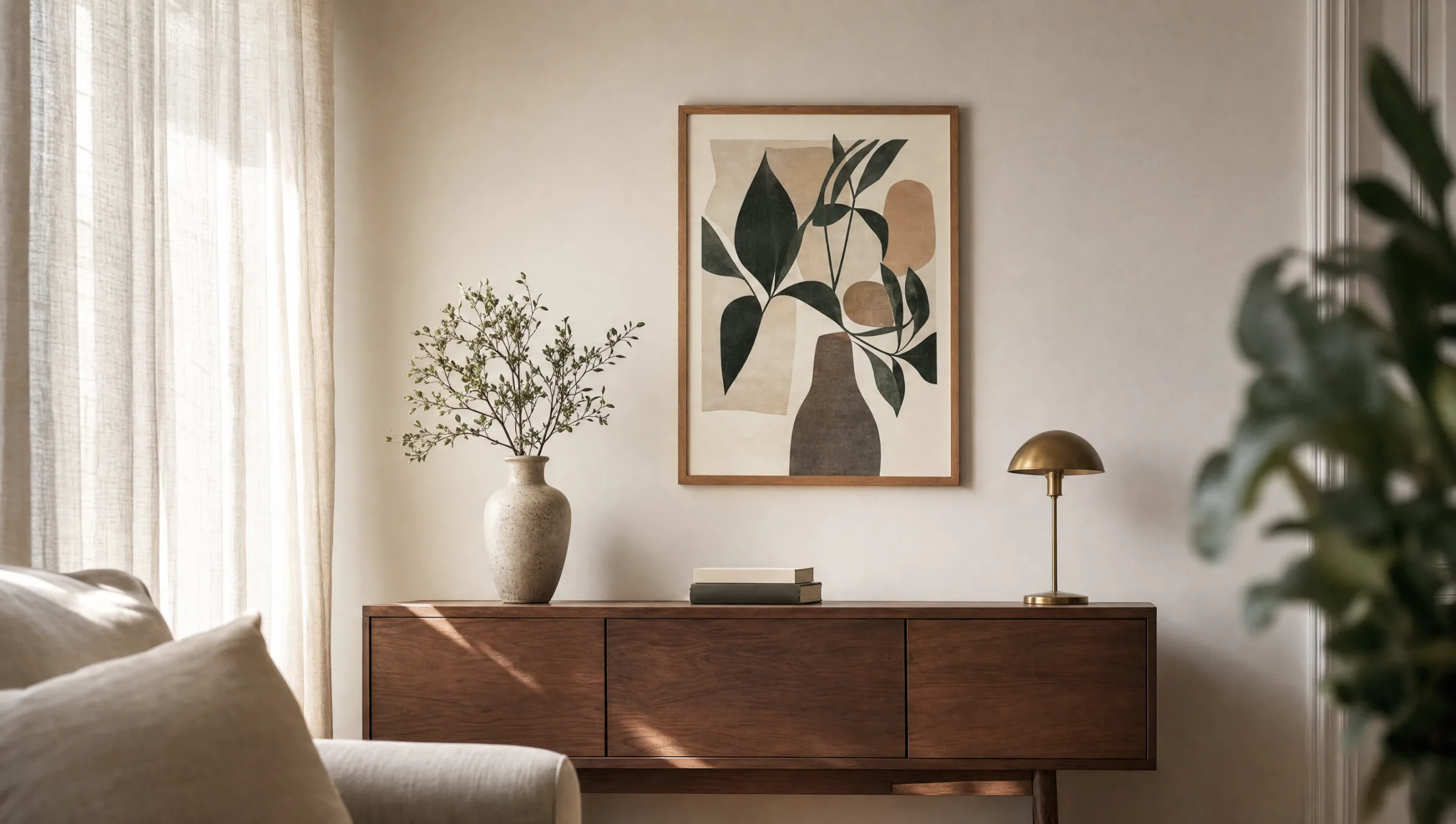 Living room wall with a framed portrait print 50x70 above a low sideboard