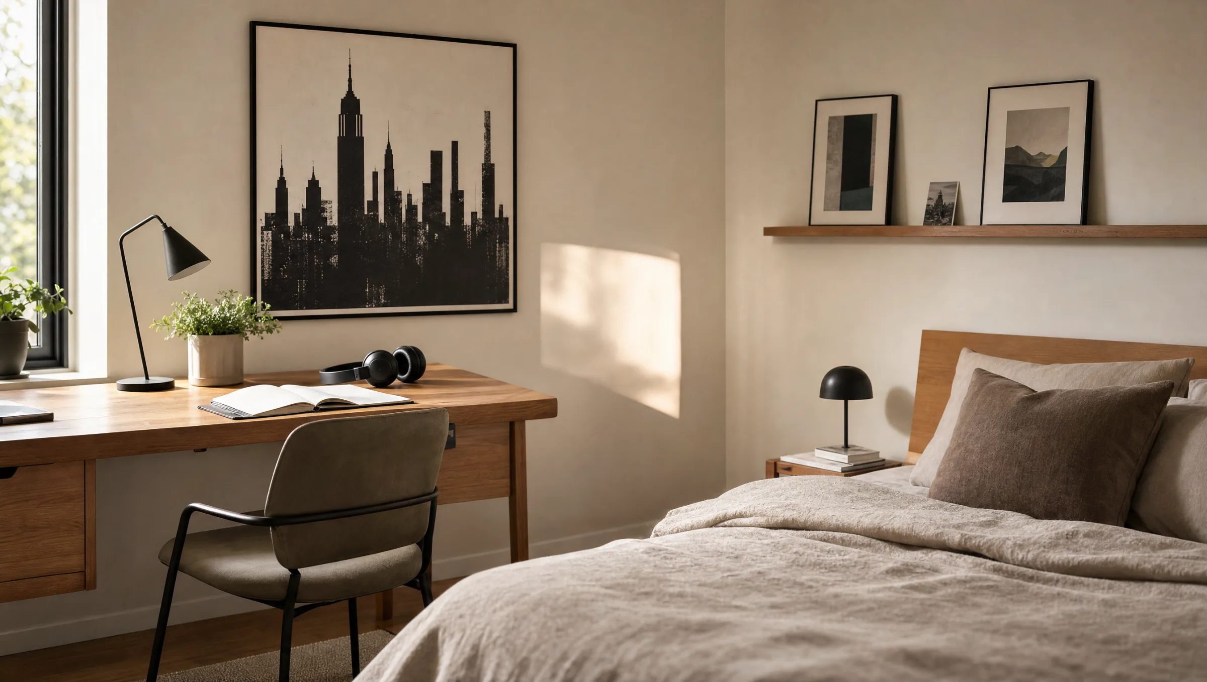 Aufgeräumtes Jugendzimmer mit gerahmtem Wandbild über dem Schreibtisch in warmem Tageslicht