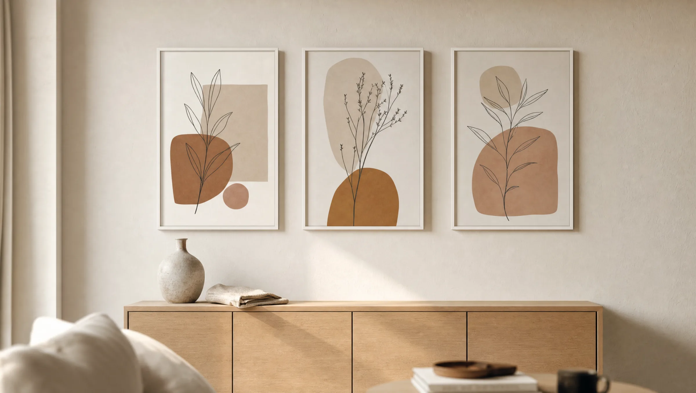 Three portrait format prints in plain white frames hanging side by side on a light living room wall