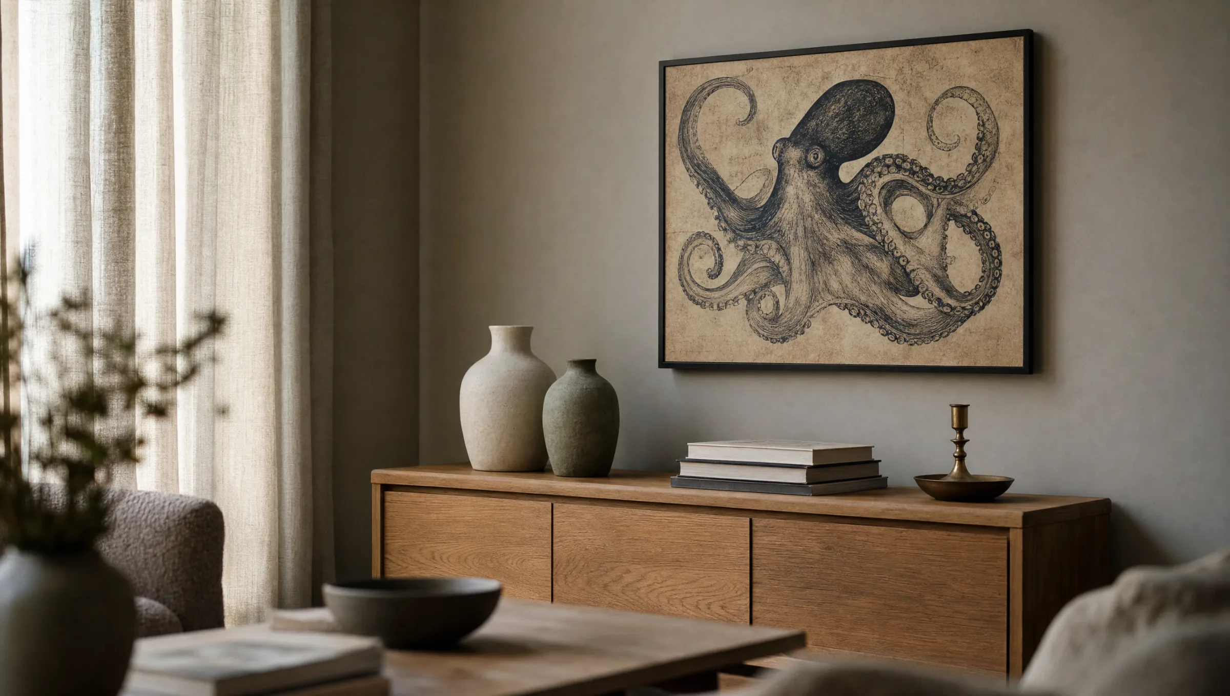 Bild Krake als gerahmter Kunstdruck über einem Holz-Sideboard mit Keramikvasen
