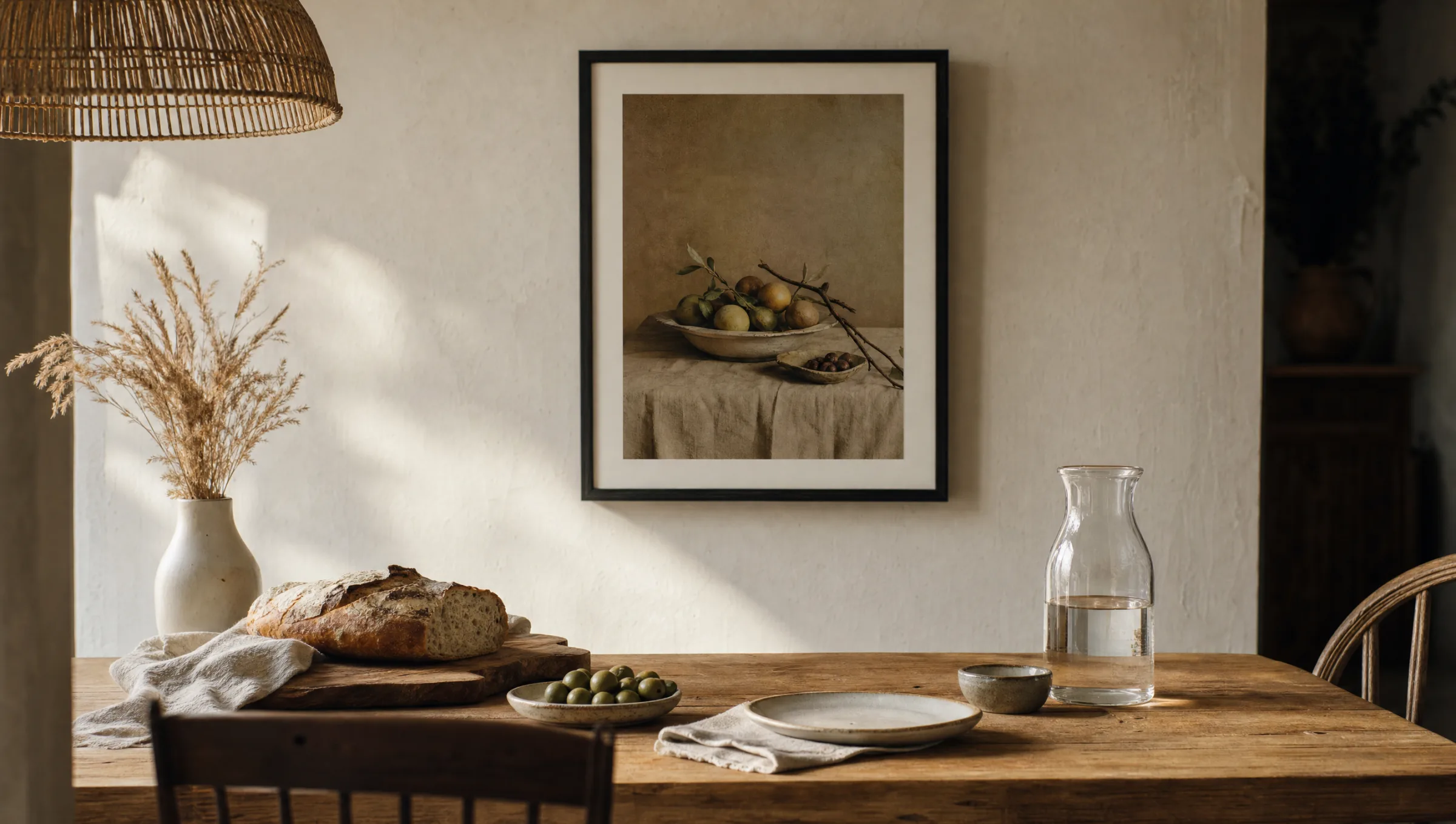 Dining room with a framed food wall art print above a wooden table set with ceramic tableware