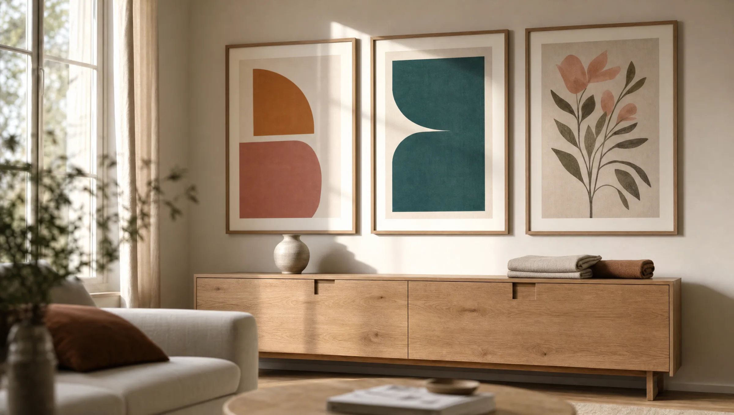 Farbenfrohe moderne Kunstdrucke an einer hellen Wohnzimmerwand über einem Naturholz-Sideboard