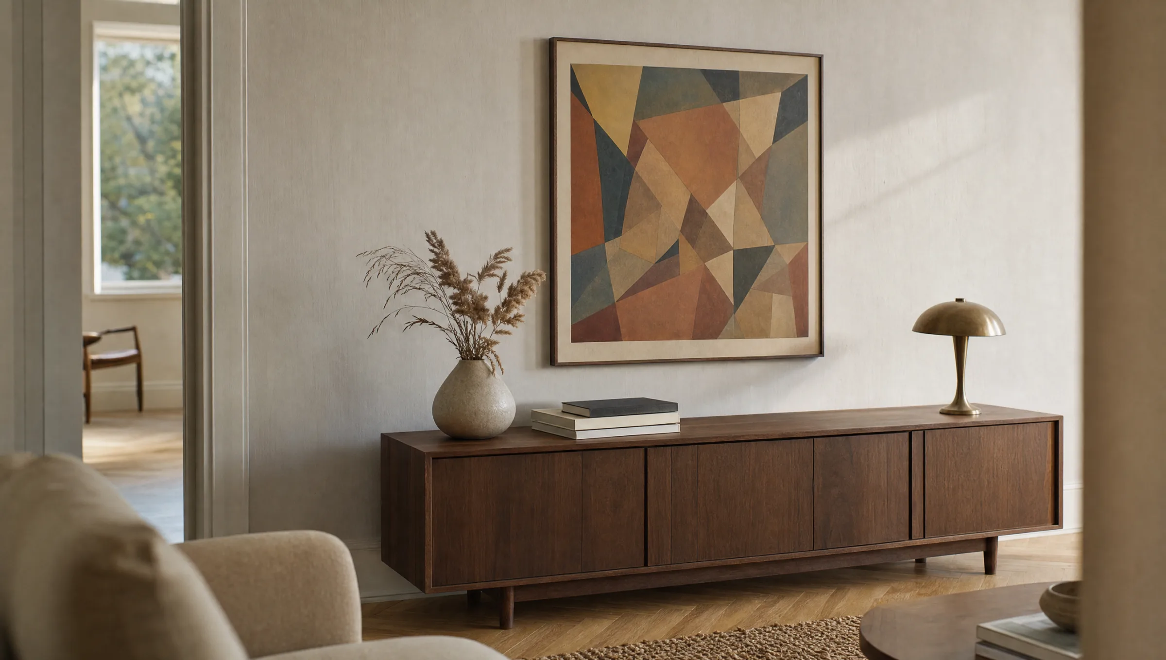 Living room wall with a framed Picasso-style art print hanging above a low wooden sideboard