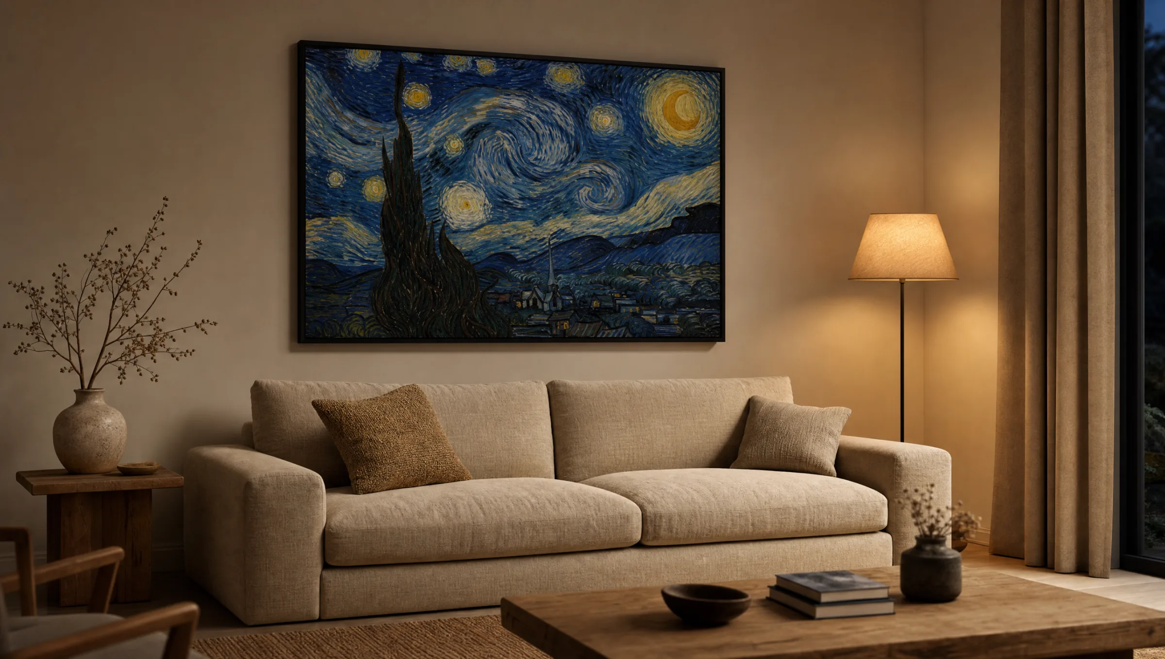 Wohnzimmerszene mit großformatigem Bild der Sternennacht über einem Sofa