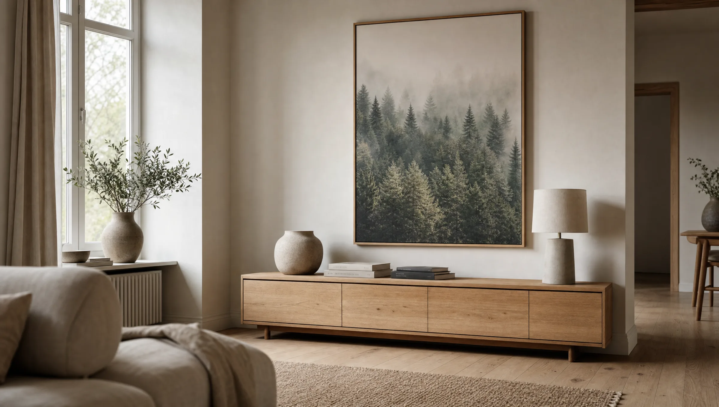 Living room scene with a large-format forest wall art print above a wooden sideboard