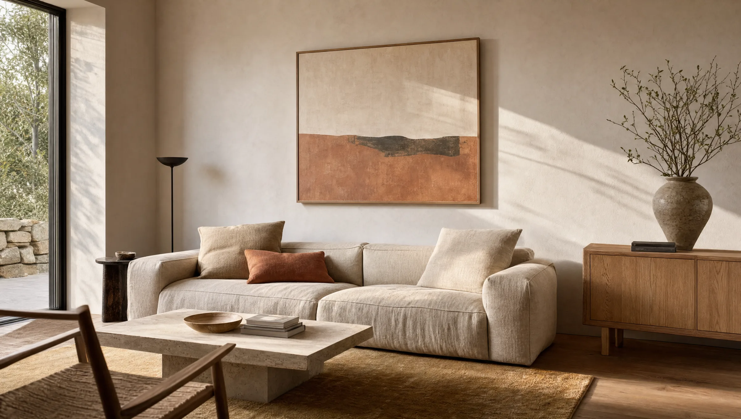 Ruhiges Wohnzimmer mit großformatigem Bild über dem Sofa in gedeckten Farbtönen