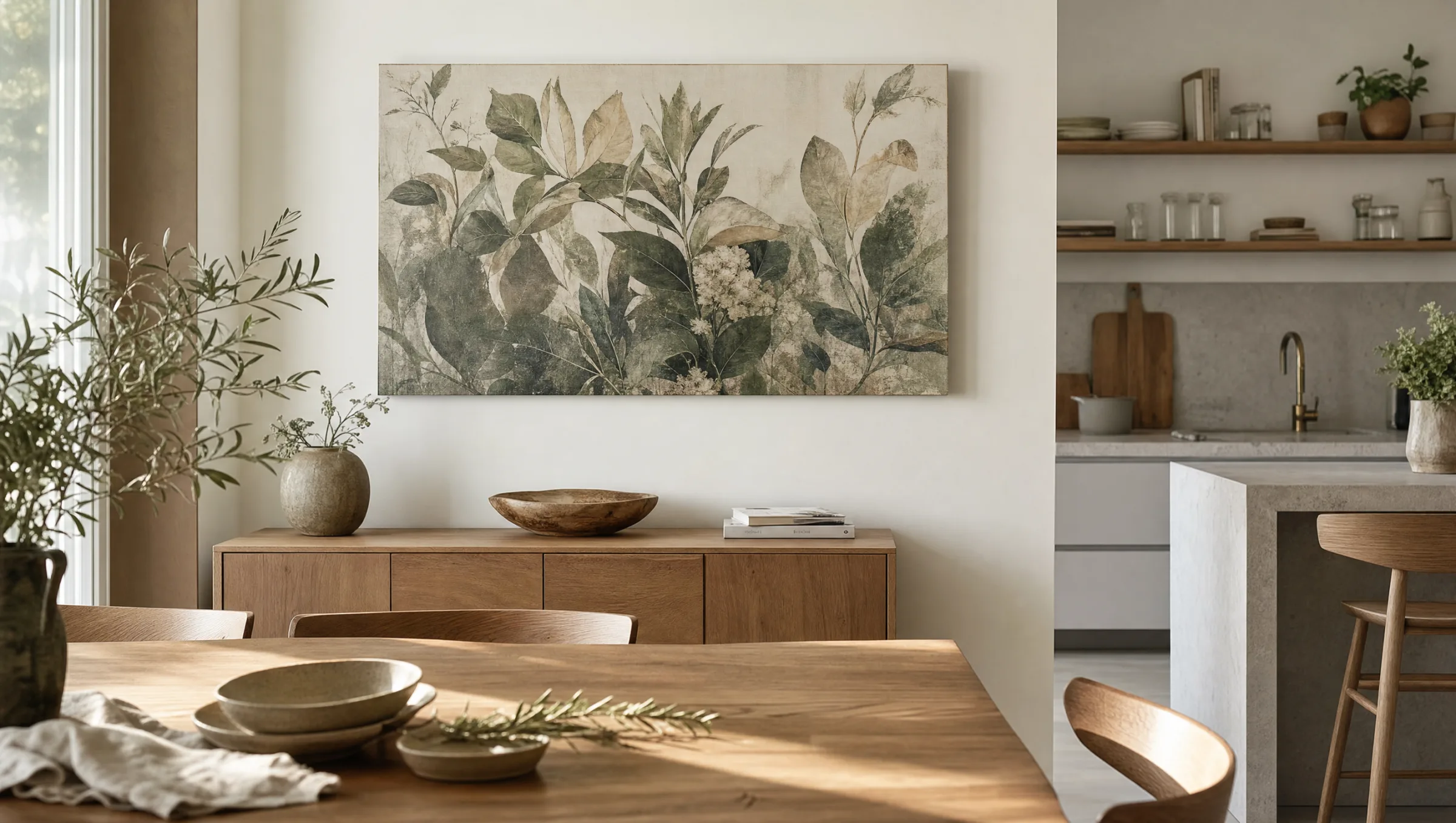 Helle Wohnküche mit Esstisch aus Eichenholz und großformatiger Leinwand mit botanischem Motiv an der Wand