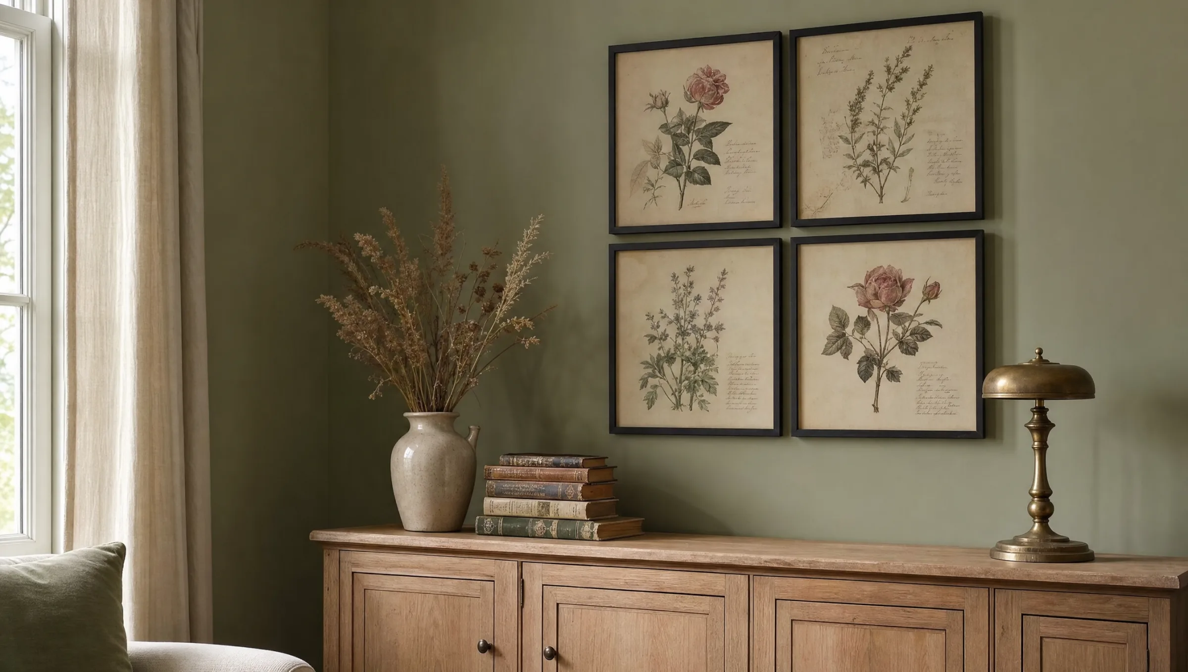 Living room with framed vintage flower prints above a wooden sideboard