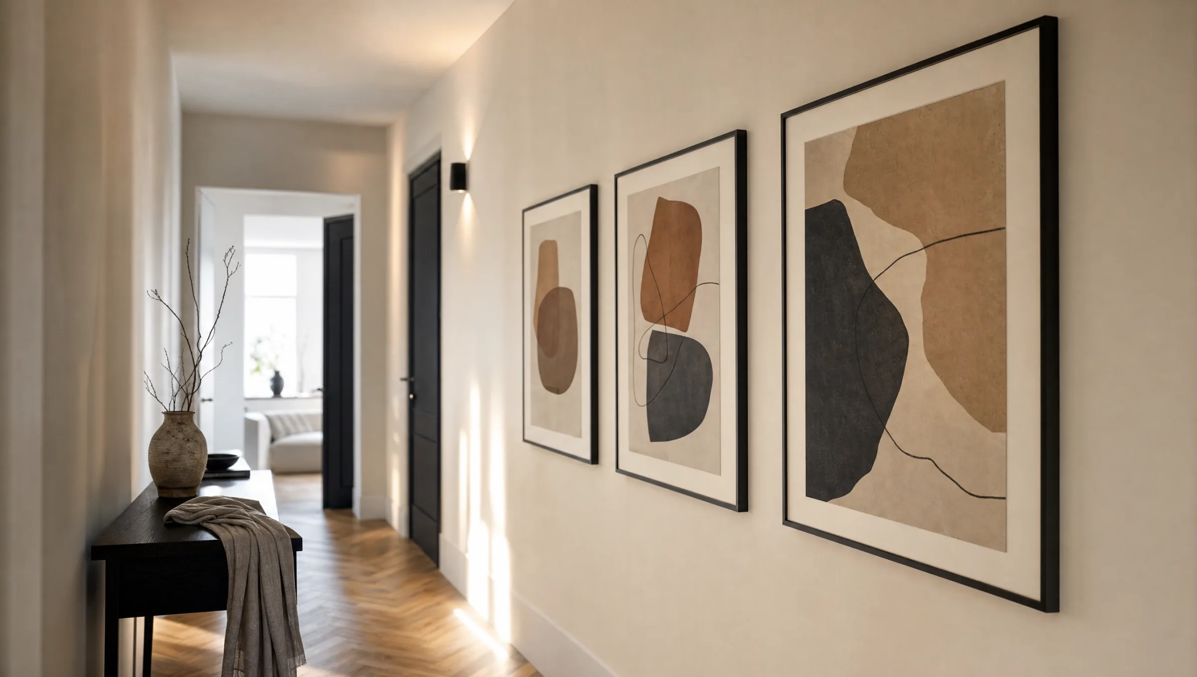 Modern hallway with a series of three framed portrait-format art prints on a light wall