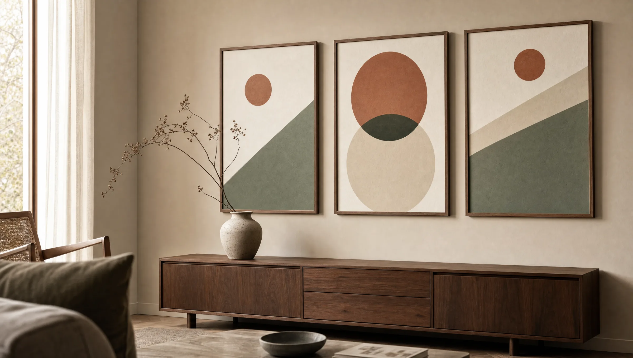 Wohnzimmerwand mit gerahmten Bildern geometrischer Formen über einem Holz-Sideboard