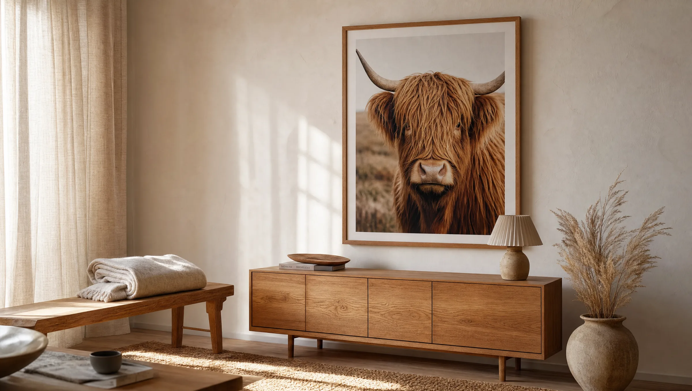 Large-format Highland cattle wall art print in a bright living room with wooden furniture and natural textiles