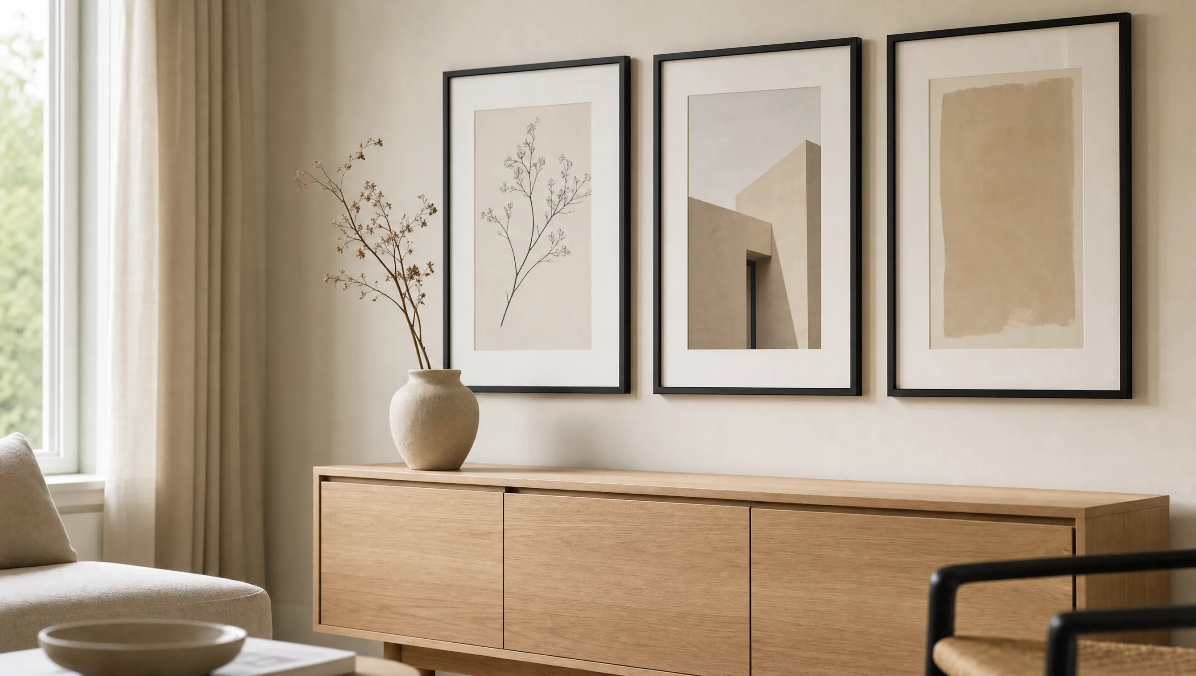 Wohnraum mit drei vertikal gehängten Bildern im Hochformat über einem hellen Sideboard