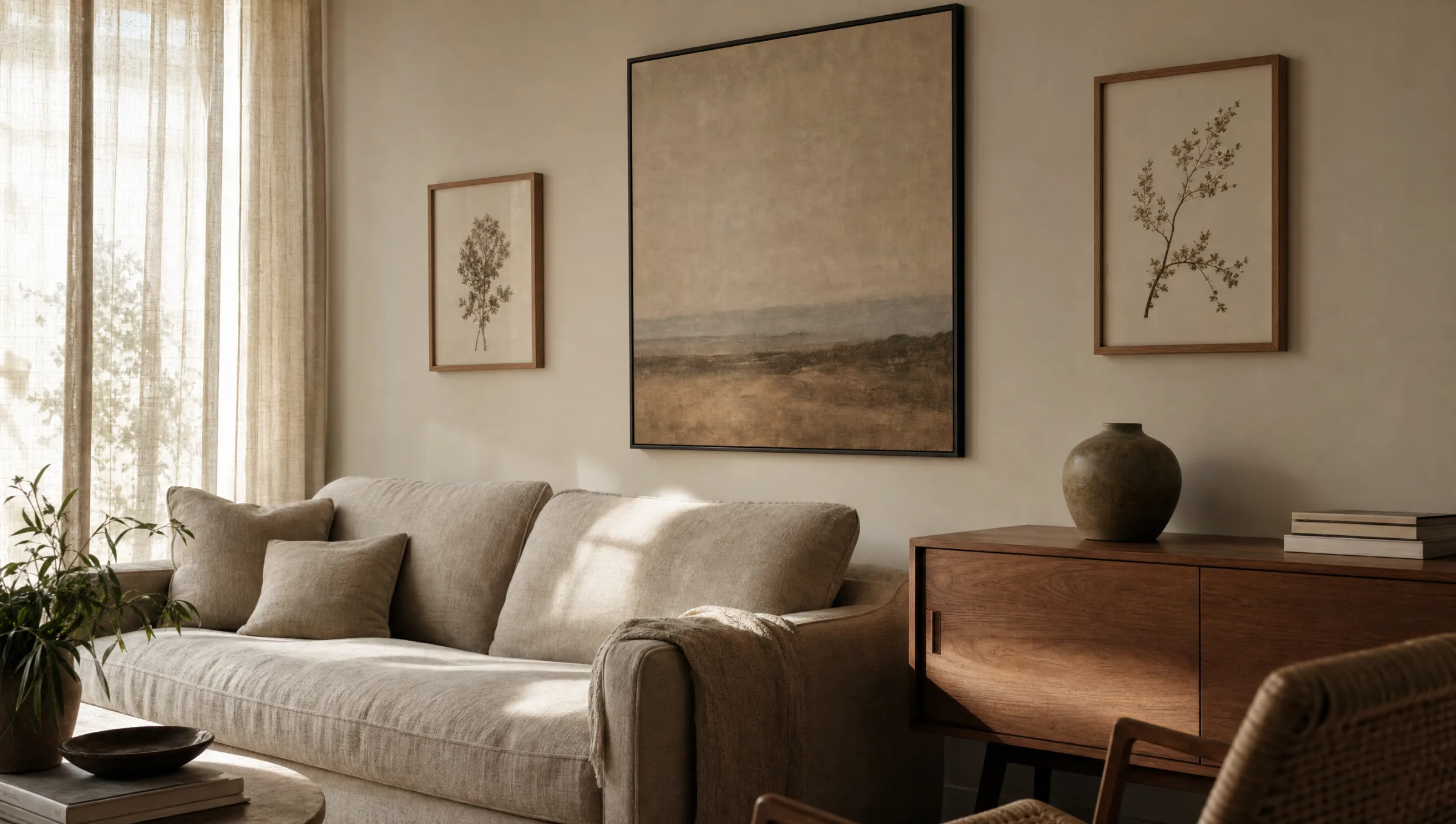 Wohnzimmer mit gerahmten Kunstdrucken über einem hellen Sofa