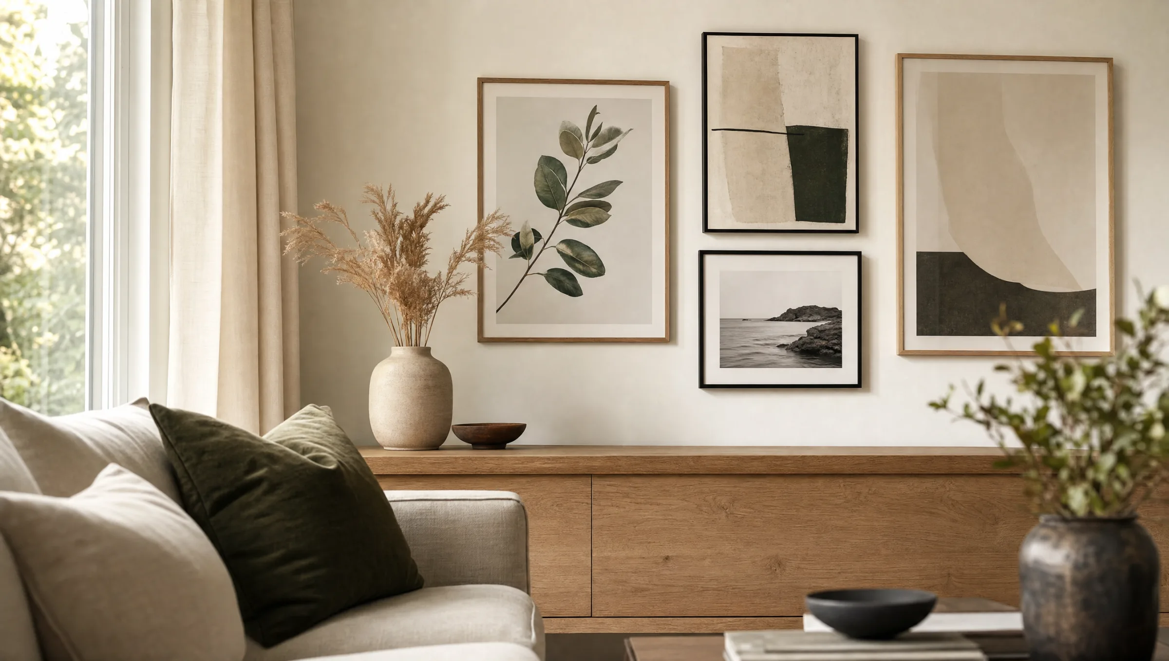 Wohnraum mit kuratierter Auswahl an Kunstdrucken über einem hellen Sideboard