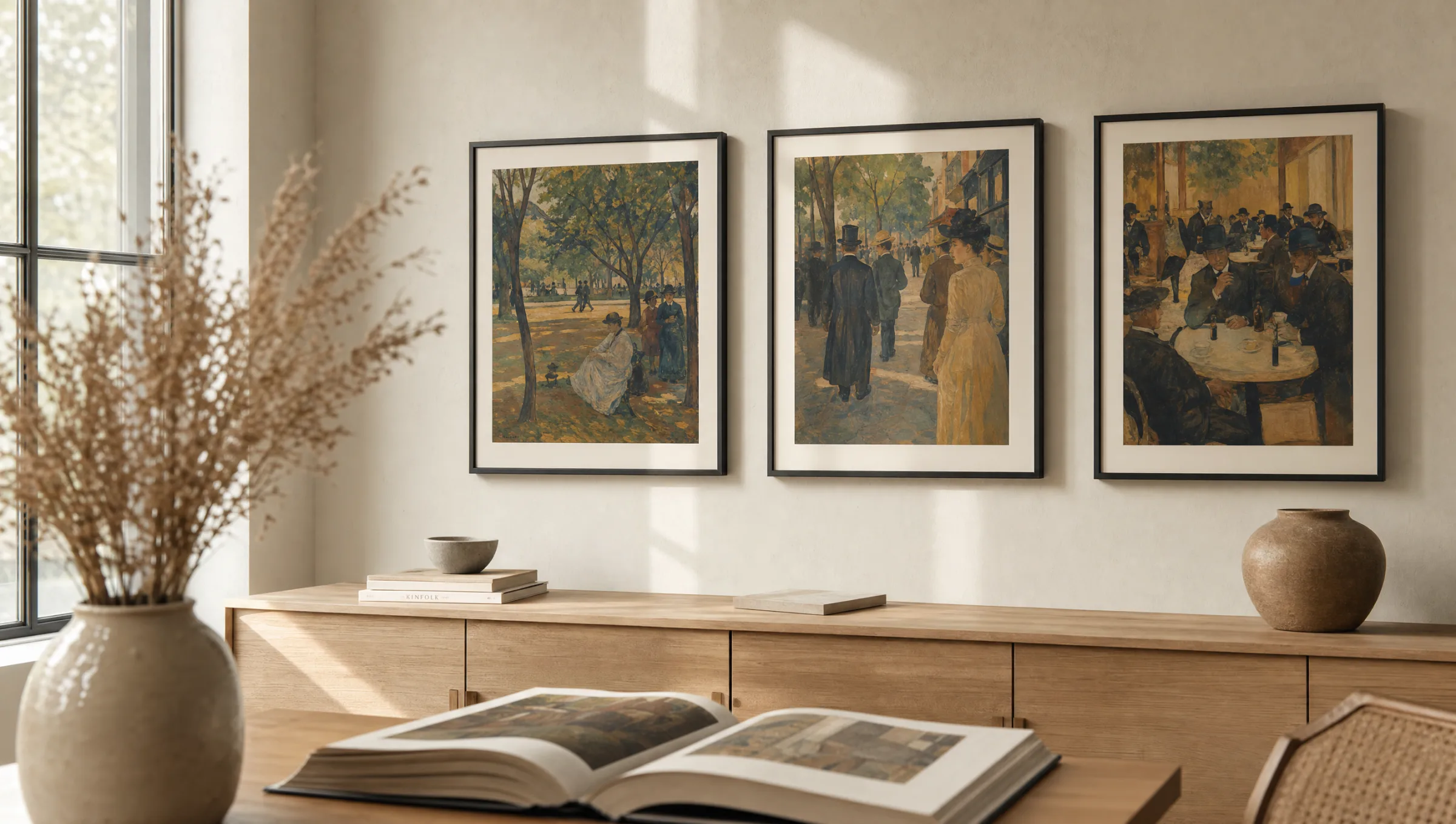 Living room with framed reproductions in the style of August Macke above a pale sideboard