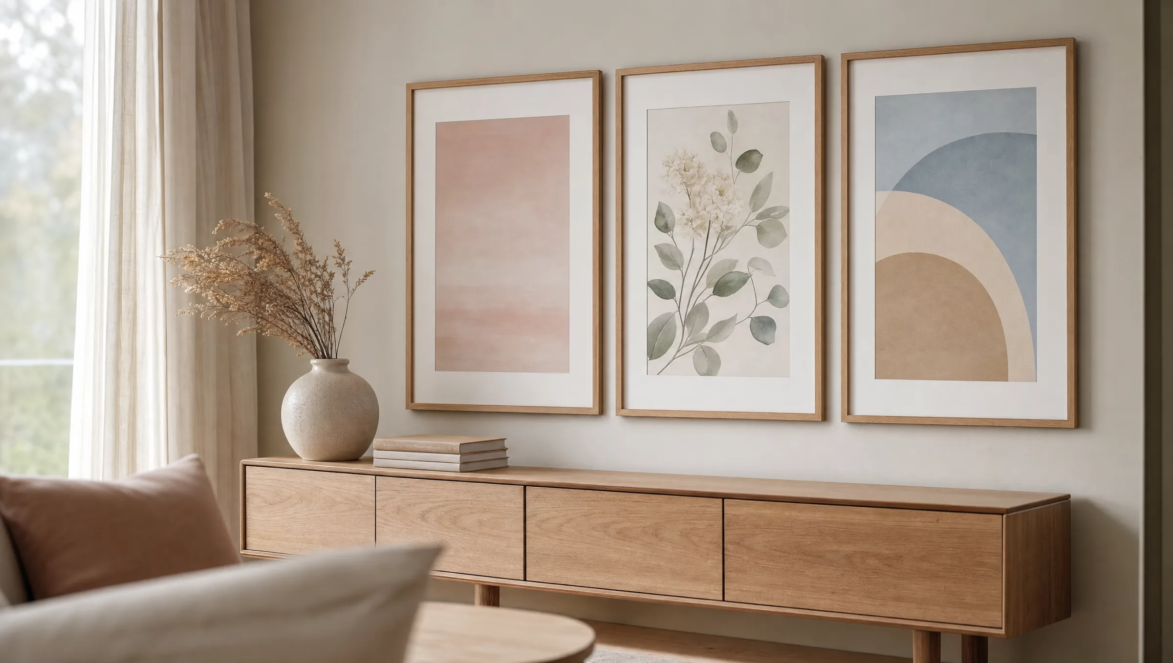 Wohnzimmerwand mit drei Bildern in Pastellfarben über einem Sideboard aus heller Eiche