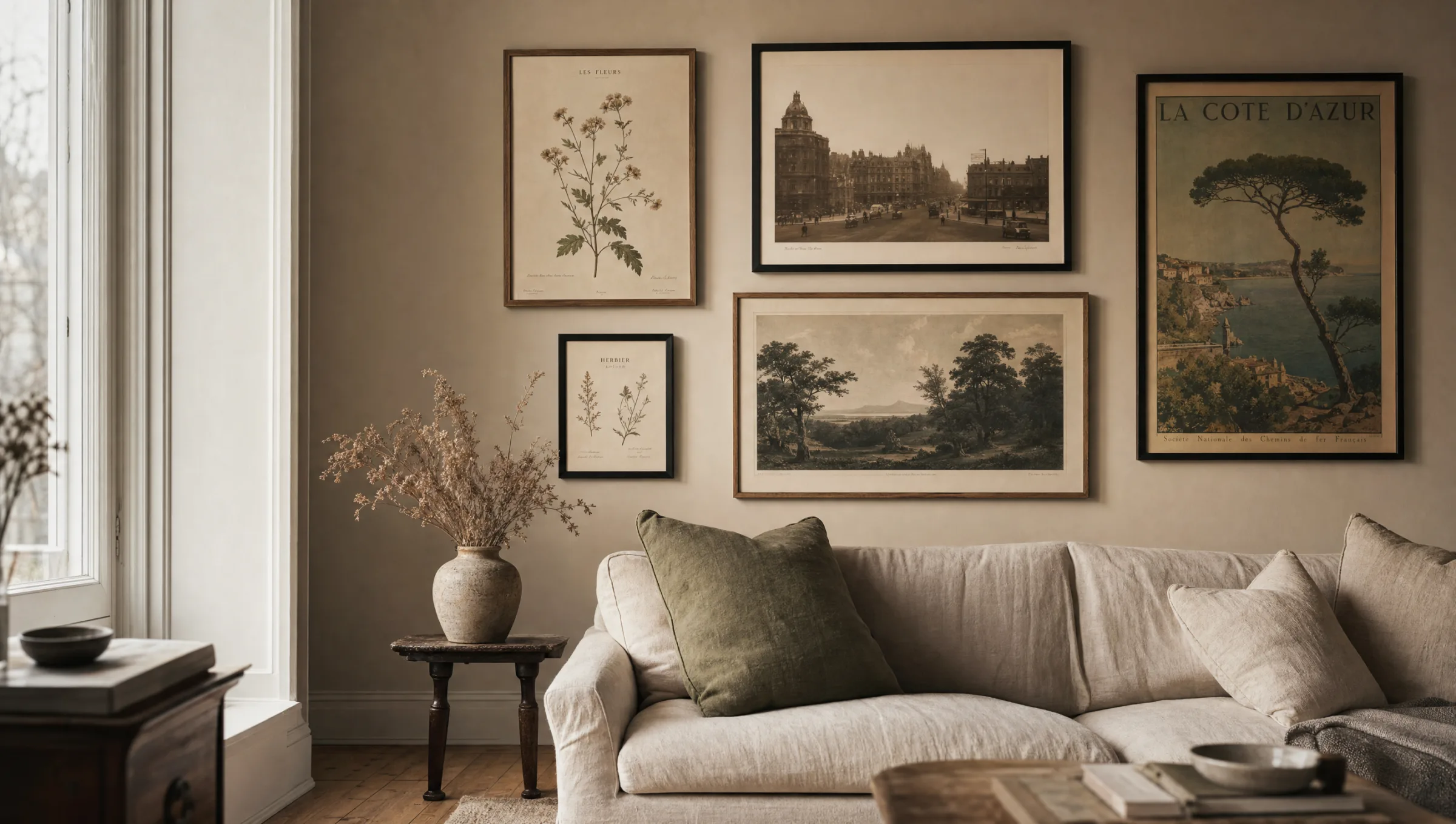 Wohnzimmerwand mit gerahmten bilder vintage in matten Holzrahmen über einem Leinensofa